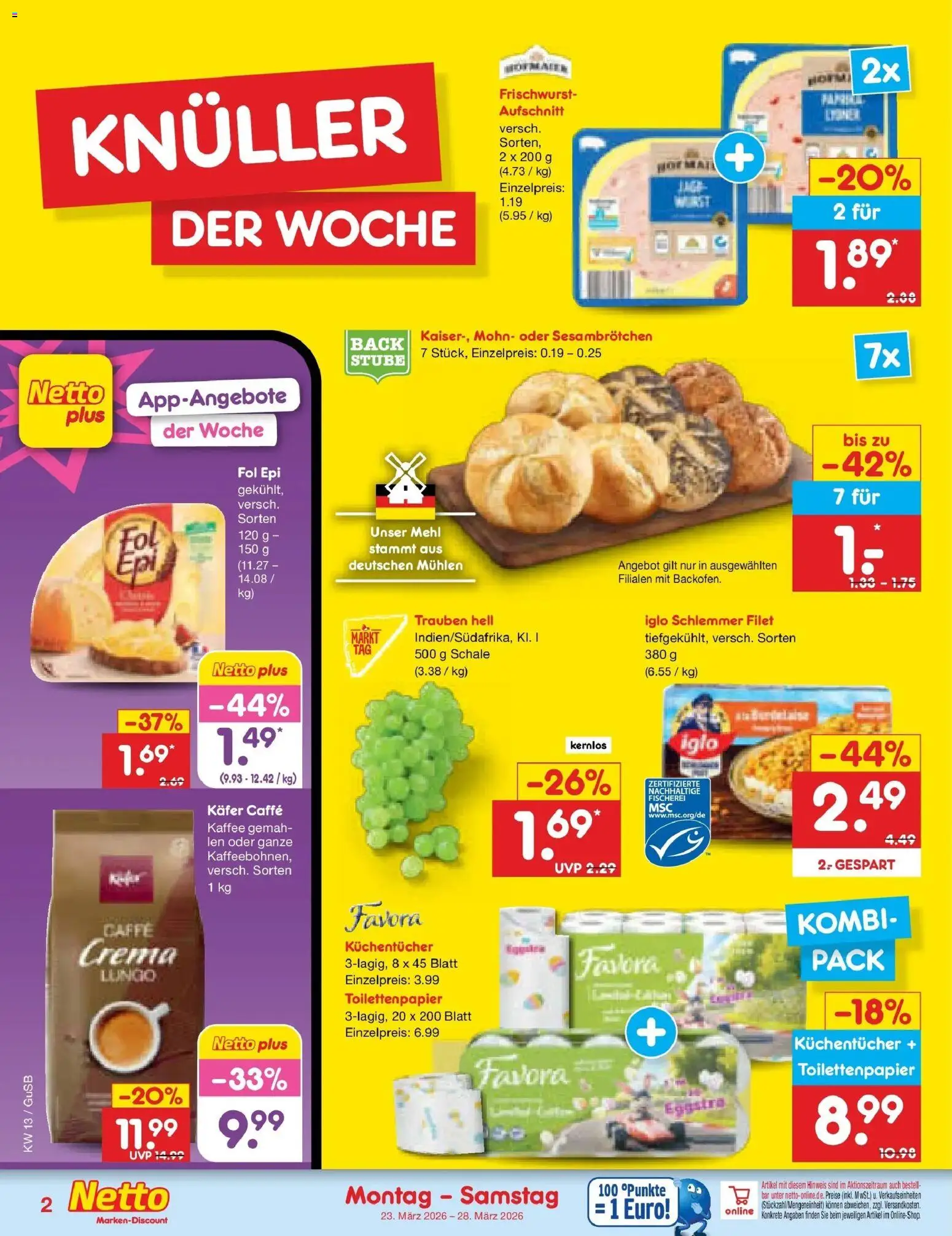 Netto Marken-Discount Prospekt Machern	 – gültig ab 23.03.2026 | Seite: 2 | Produkte: Mehl, Kaffee, Iglo, Toilettenpapier