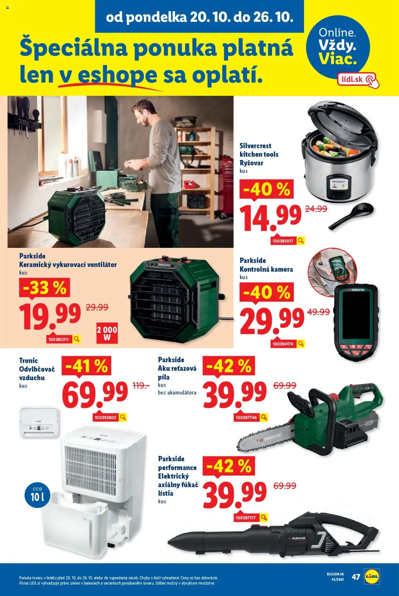 Nové Lidl akcie – leták je platný od 20.10.2025 | Strana: 63 | Produkty: Odvlhčovač vzduchu, Odvlhčovač, Aku reťazová píla, Reťazová píla