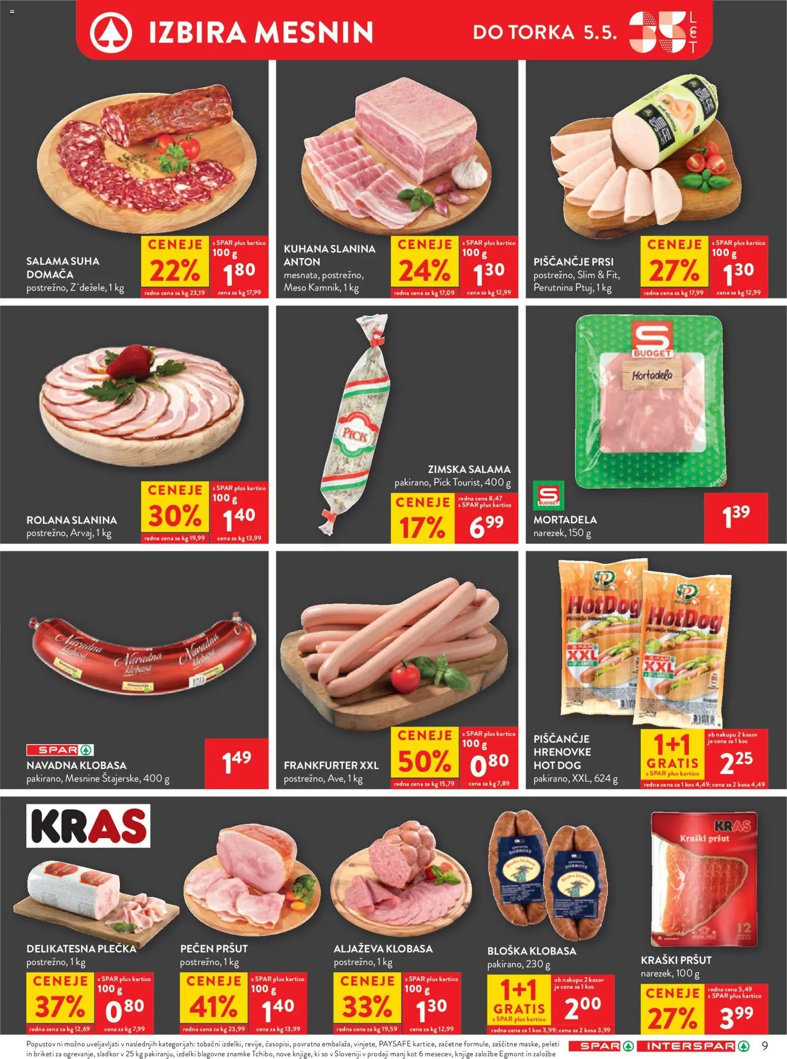 Novi Spar katalog ponudbe – veljaven od 29.04.2026 | Stran: 9 | Izdelki: Hrenovke, Slanina, Salama, Sladkor