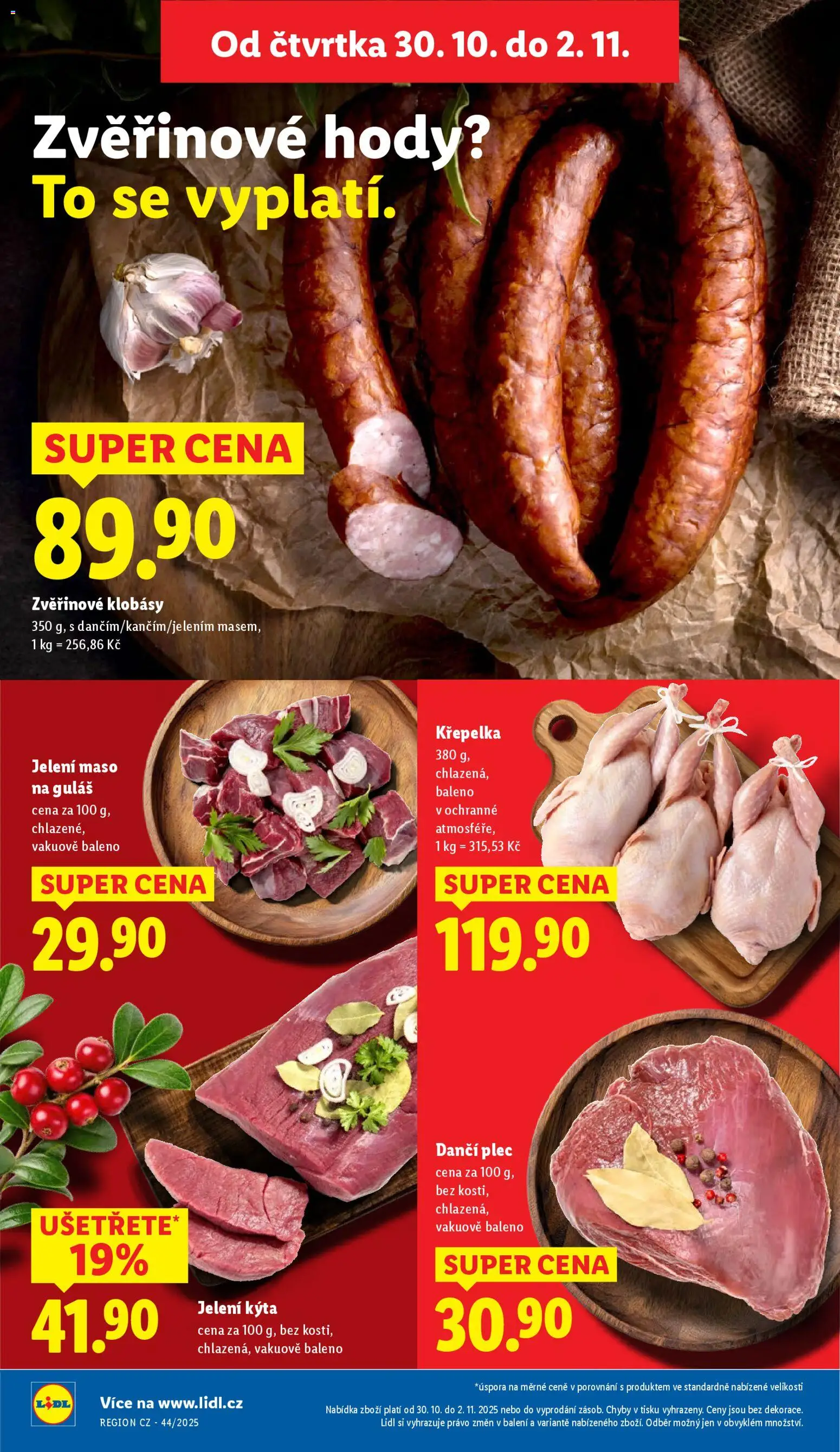 Lidl leták od 30.10.2025 | Strana: 10 | Produkty: Klobásy, Maso, Guláš, Kýta