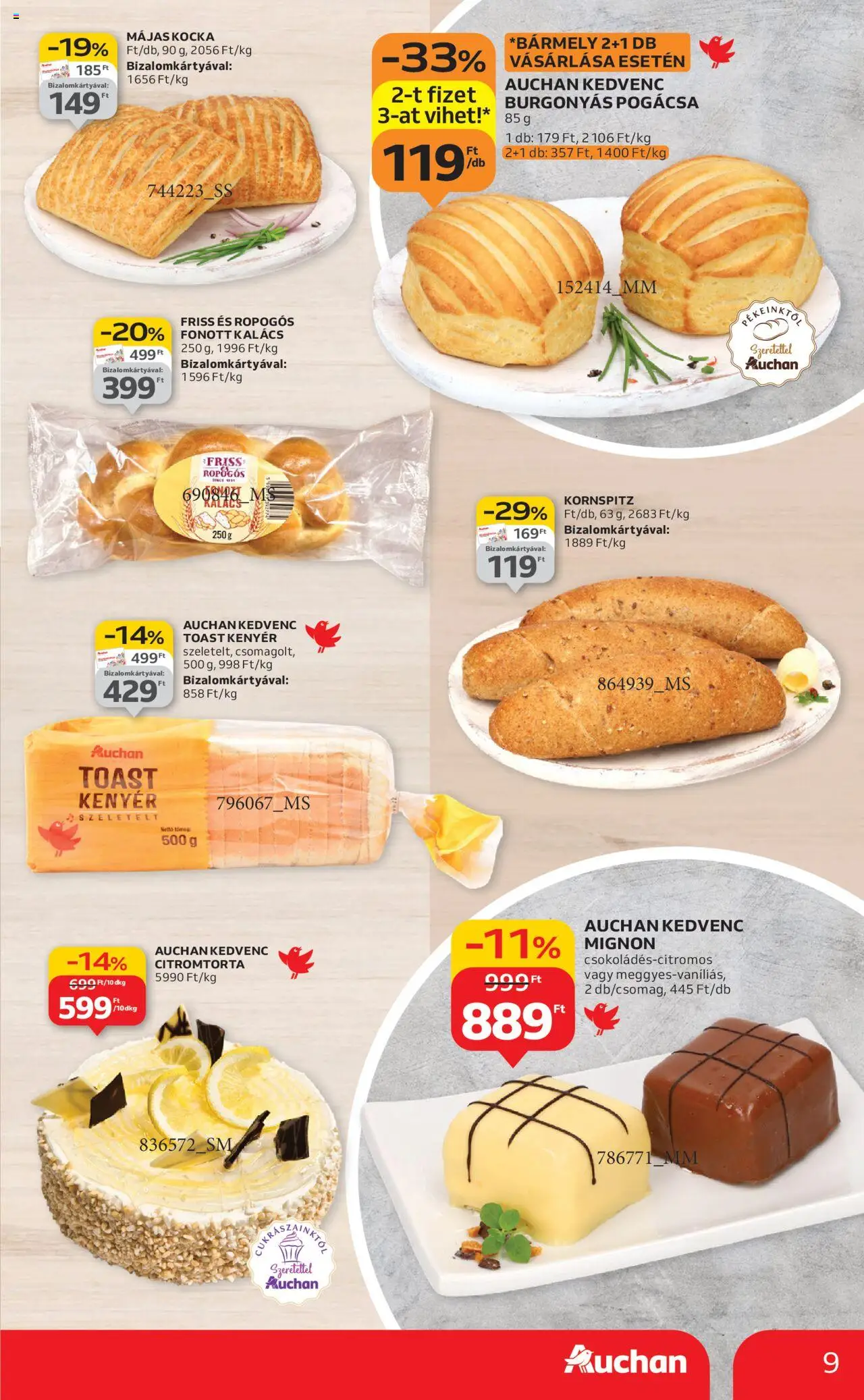 Auchan akciós ujság - amely érvényes a következő dátumtól: 28.08.2025 | Oldal: 9 | Termékek: Kalács, Kenyér, Toast kenyér, Pogácsa