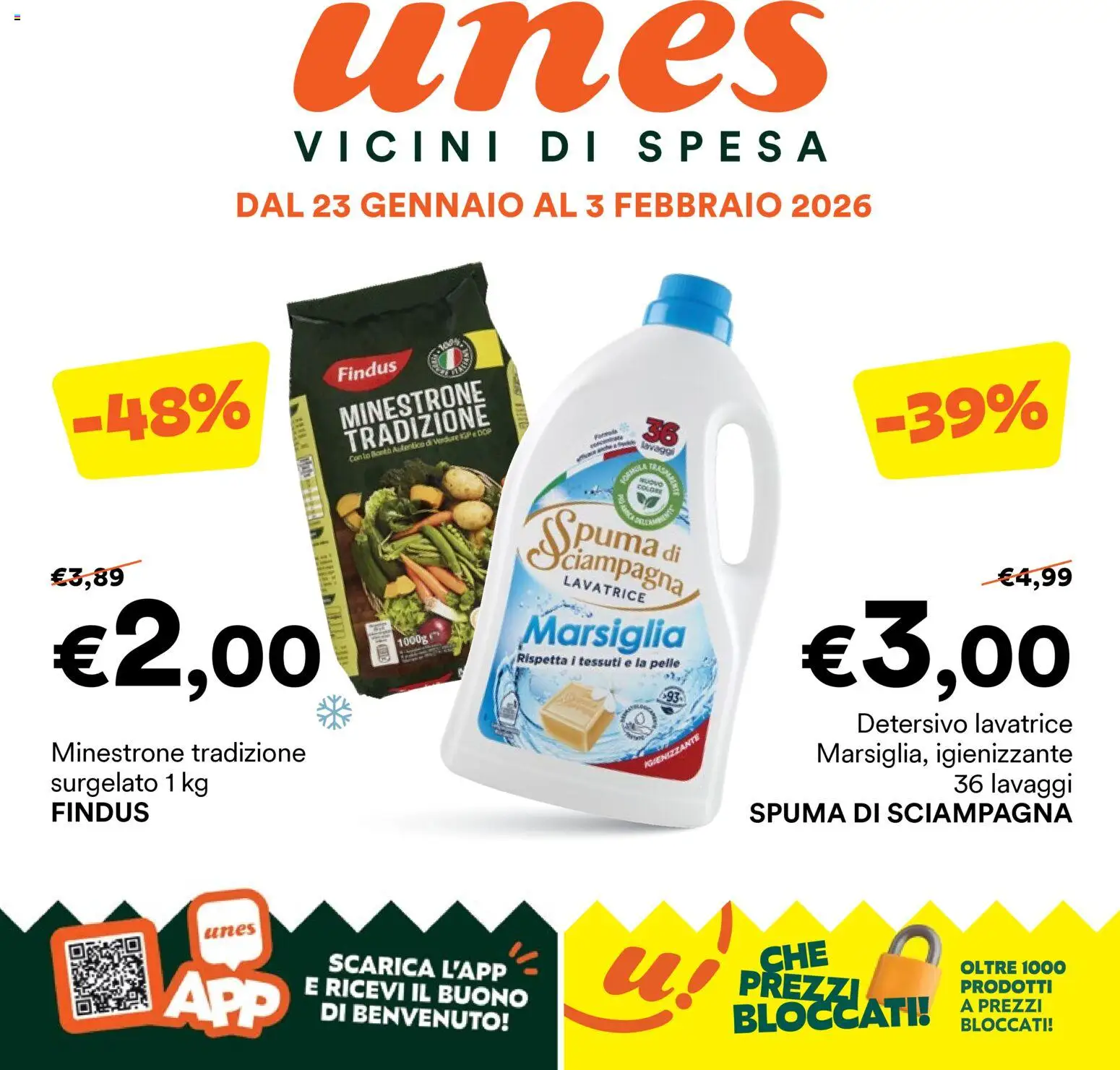 Volantino Unes del 23.01.2026 | Pagina: 1 | Prodotti: Minestrone, Verdure, Lavatrice