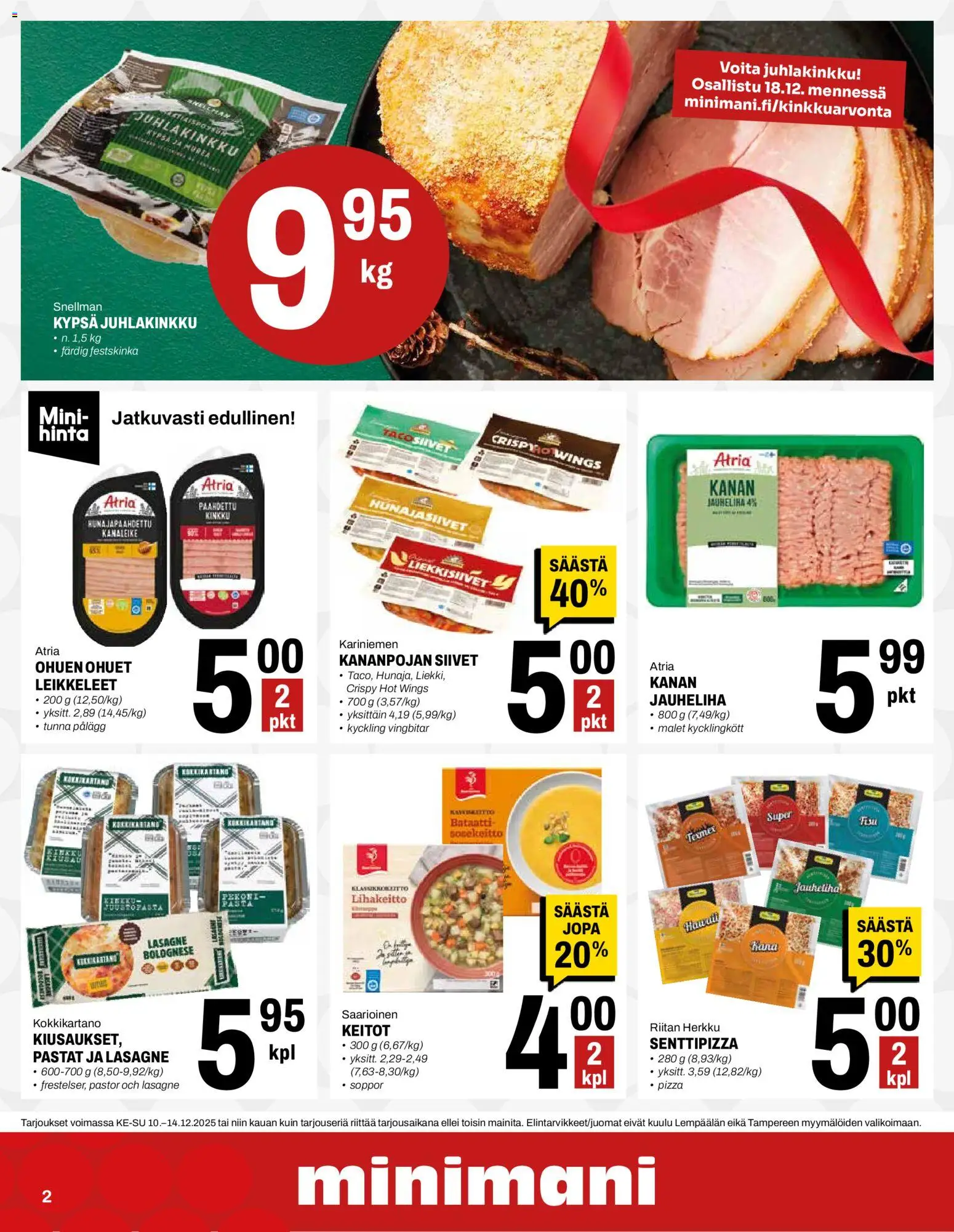 Minimani tarjoukset – voimassa 10.12.2025 alkaen | Sivu: 2 | Tuotteet: Jauheliha, Kinkku, Pizza, Pasta