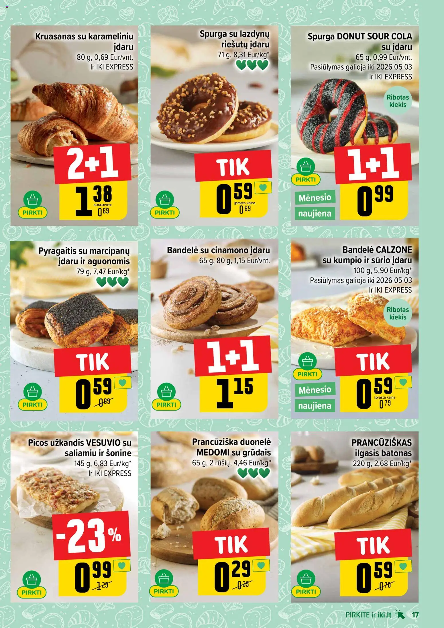 IKI akcijos nuo 13.04.2026 | Puslapis: 17 | Prekių: Batonas, Spurga, Bandelė
