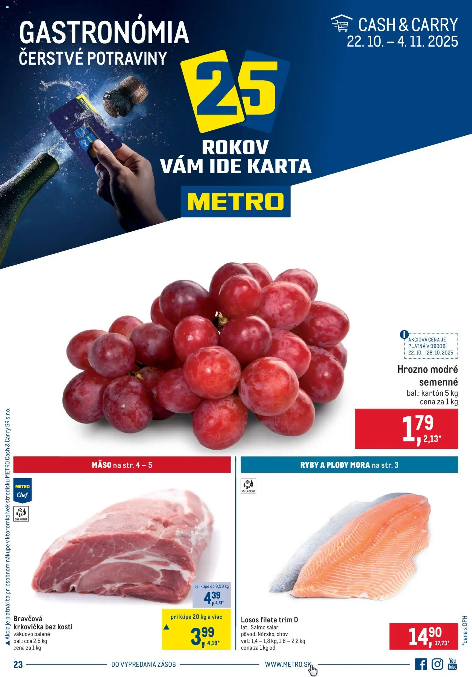 Nové Metro akcie – leták je platný od 22.10.2025 | Strana: 1 | Produkty: Ryby, Losos, Krkovička, Hrozno