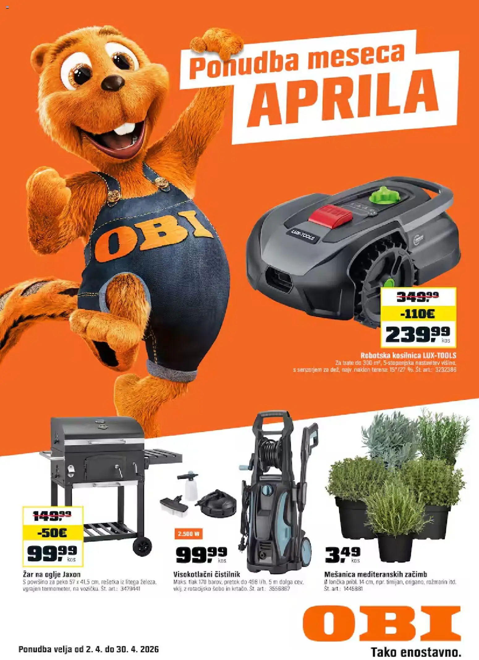 Novi OBI katalog ponudbe – veljaven od 02.04.2026 | Stran: 1 | Izdelki: Zar, Kosilnica, Robotska kosilnica, Visokotlačni čistilnik