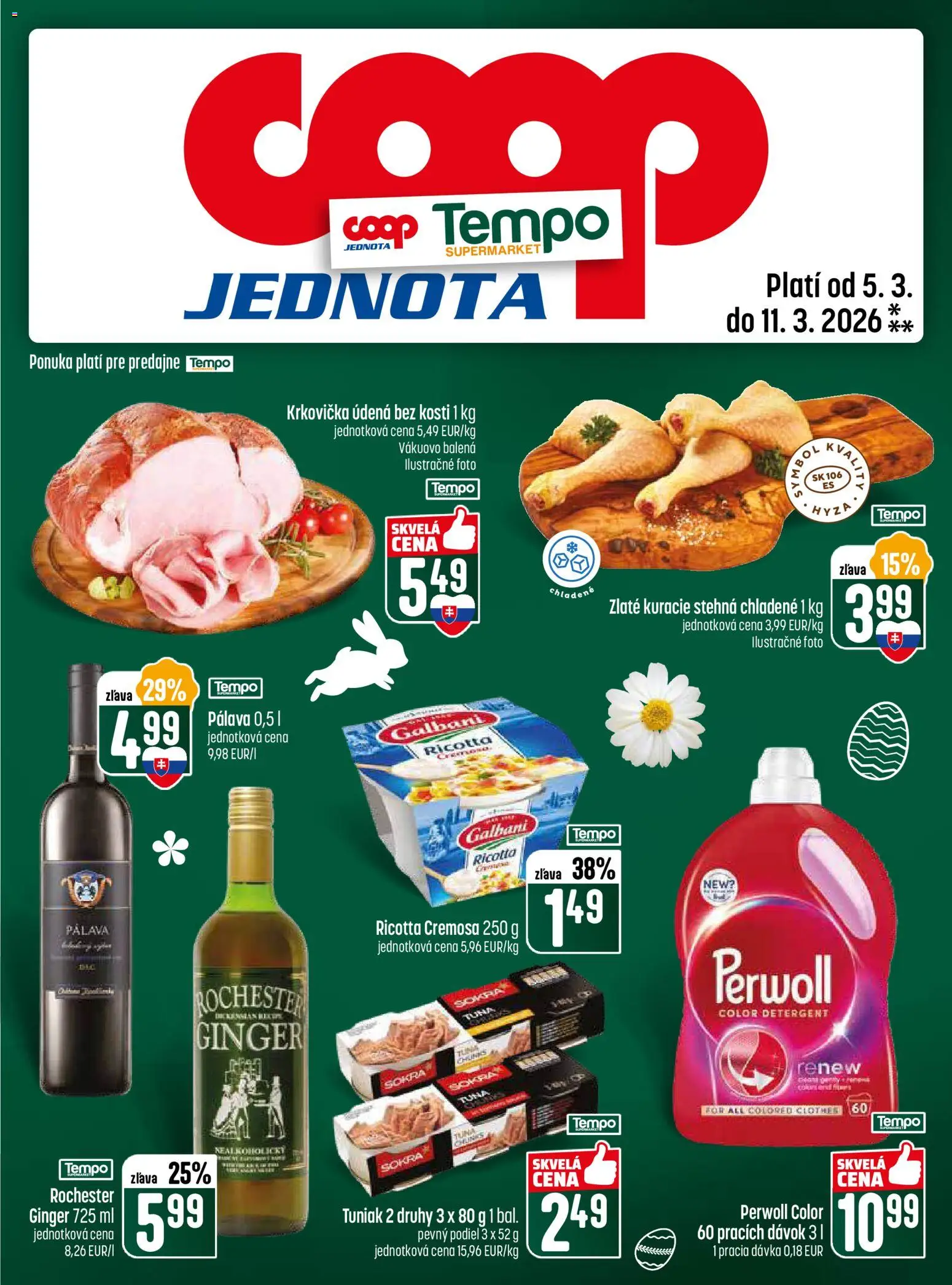 Nové COOP Jednota akcie – leták je platný od 05.03.2026 | Strana: 29 | Produkty: Tuniak, Perwoll, Kuracie stehná, Krkovička