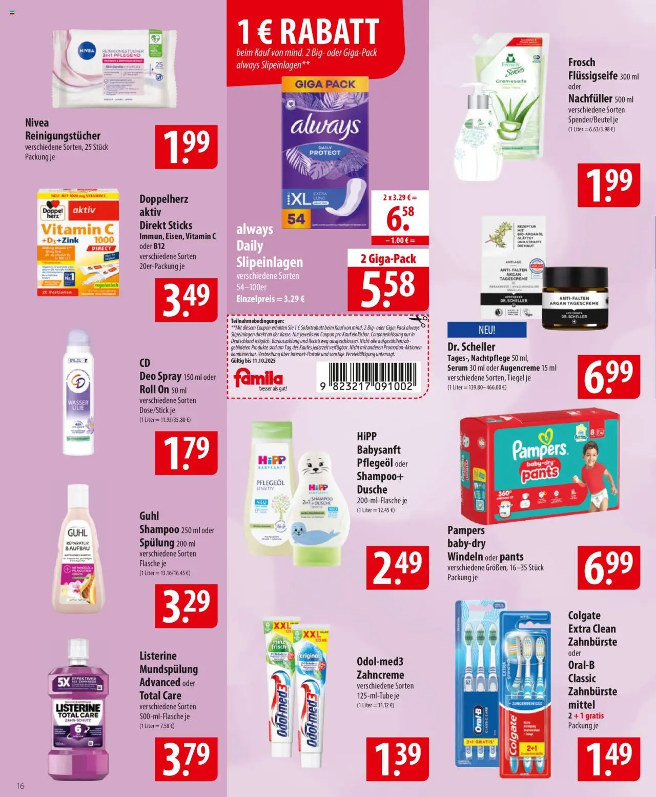 Famila Prospekt 	 – gültig ab 06.10.2025 | Seite: 16 | Produkte: Dusche, Shampoo, Reinigungstücher, Serum
