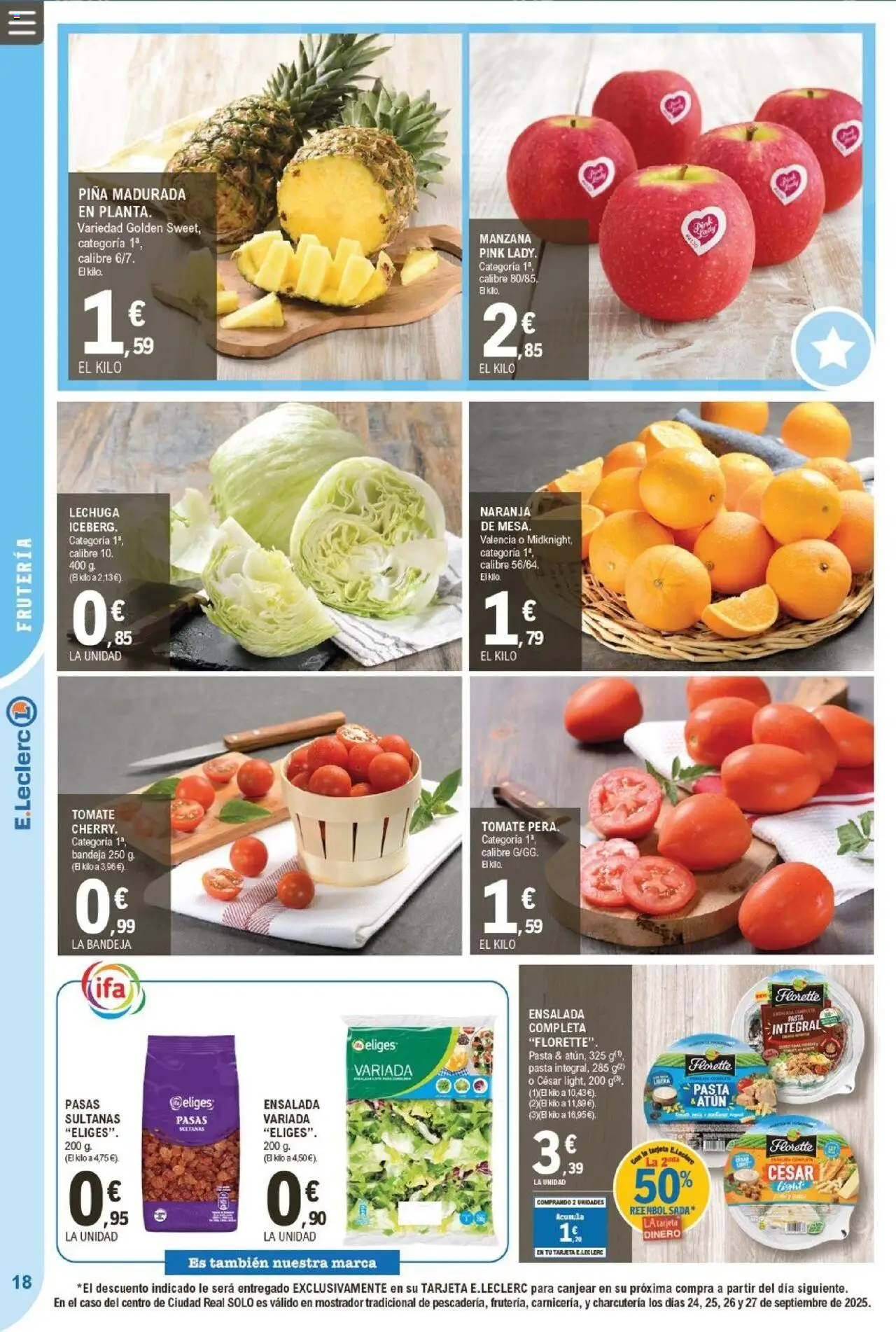 E.Leclerc folleto │ válido desde el 24.09.2025 | Página: 18 | Productos: Pasta, Manzana, Ensalada, Mesa