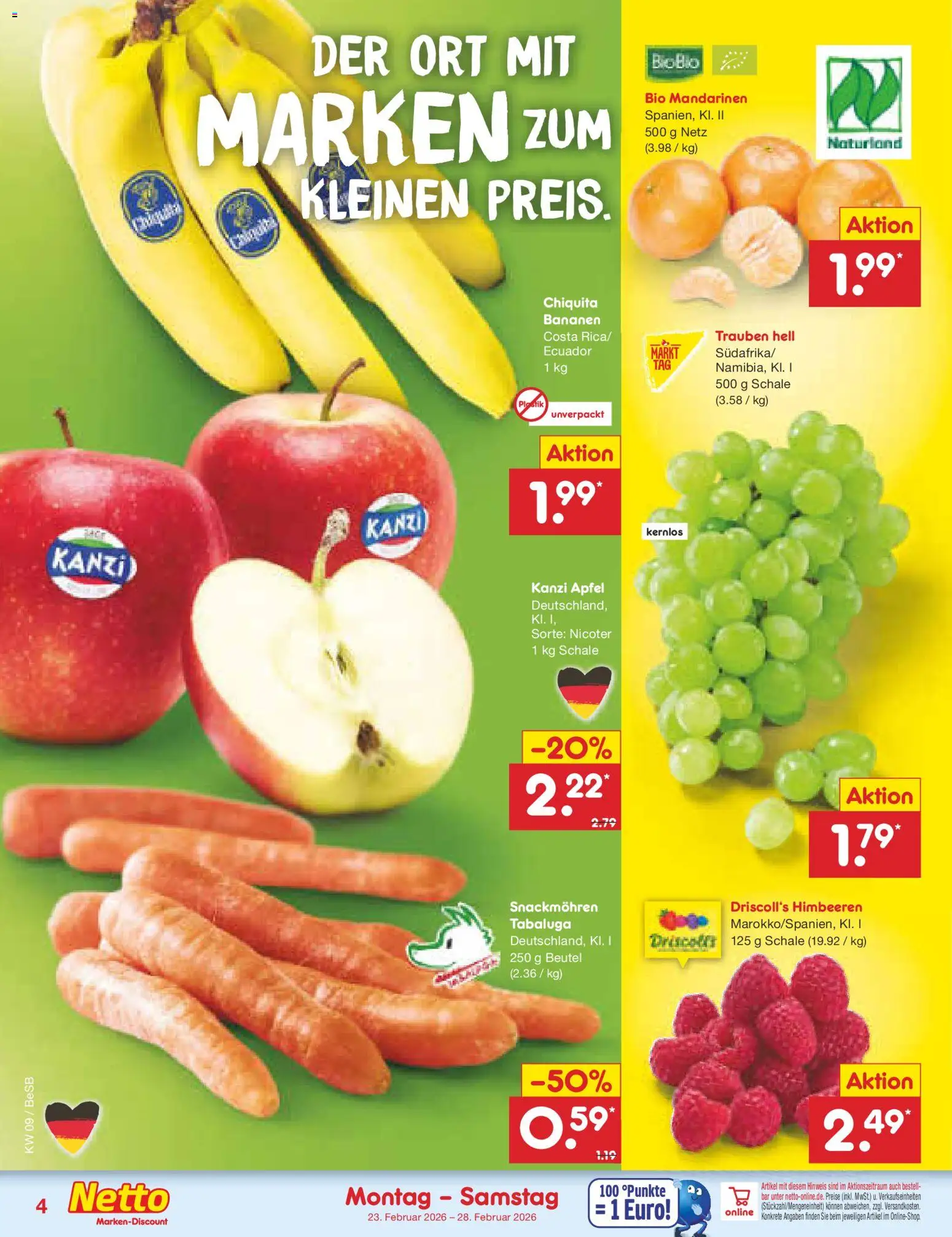 Netto Marken-Discount Prospekt 	 – gültig ab 23.02.2026 | Seite: 4 | Produkte: Trauben, Äpfel, Bananen, Mandarinen