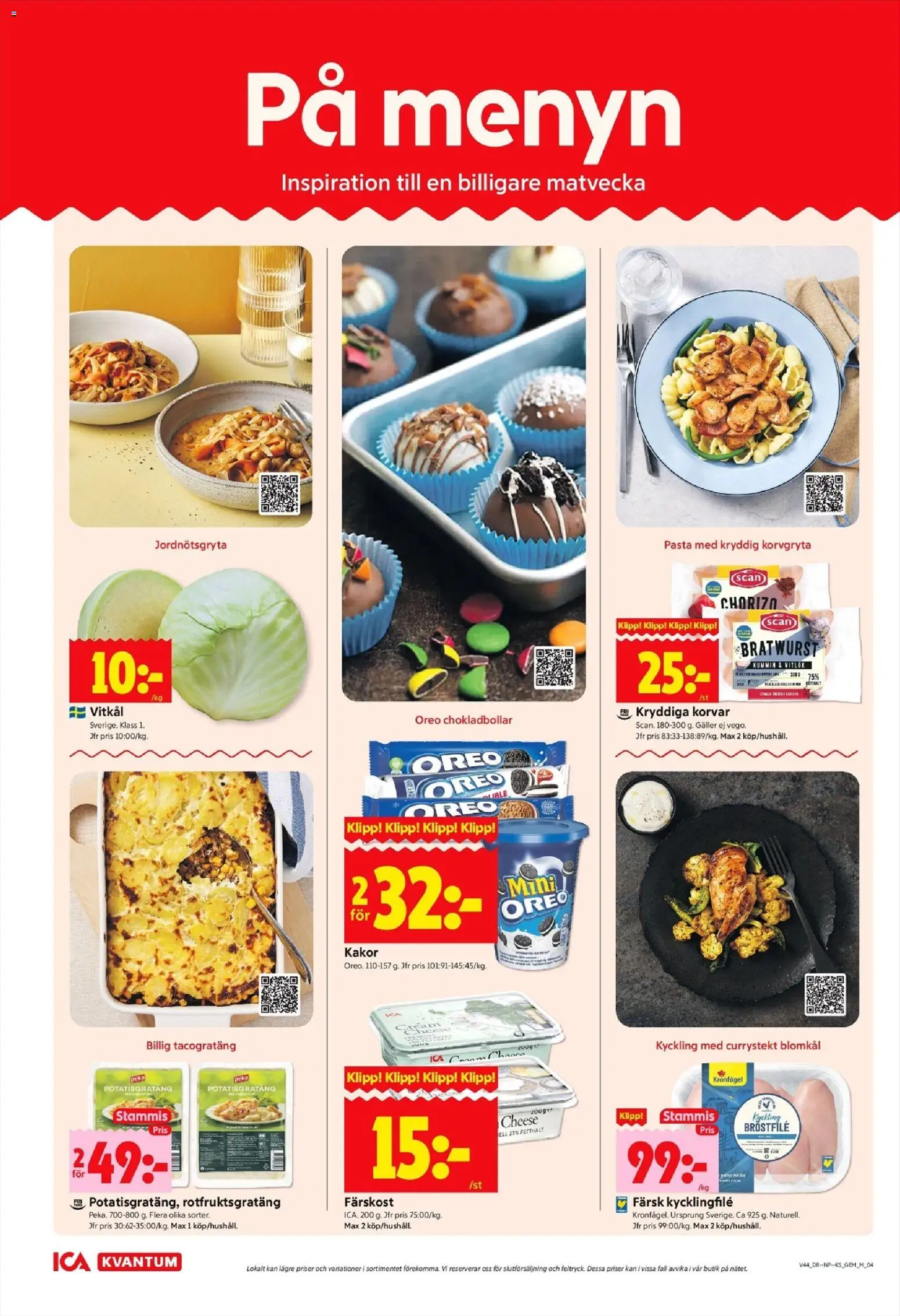 ICA Kvantum reklamblad aktuell från 27.10.2025 | Sida: 4 | Produkter: Oreo, Potatisgratäng, Pasta, Blomkål