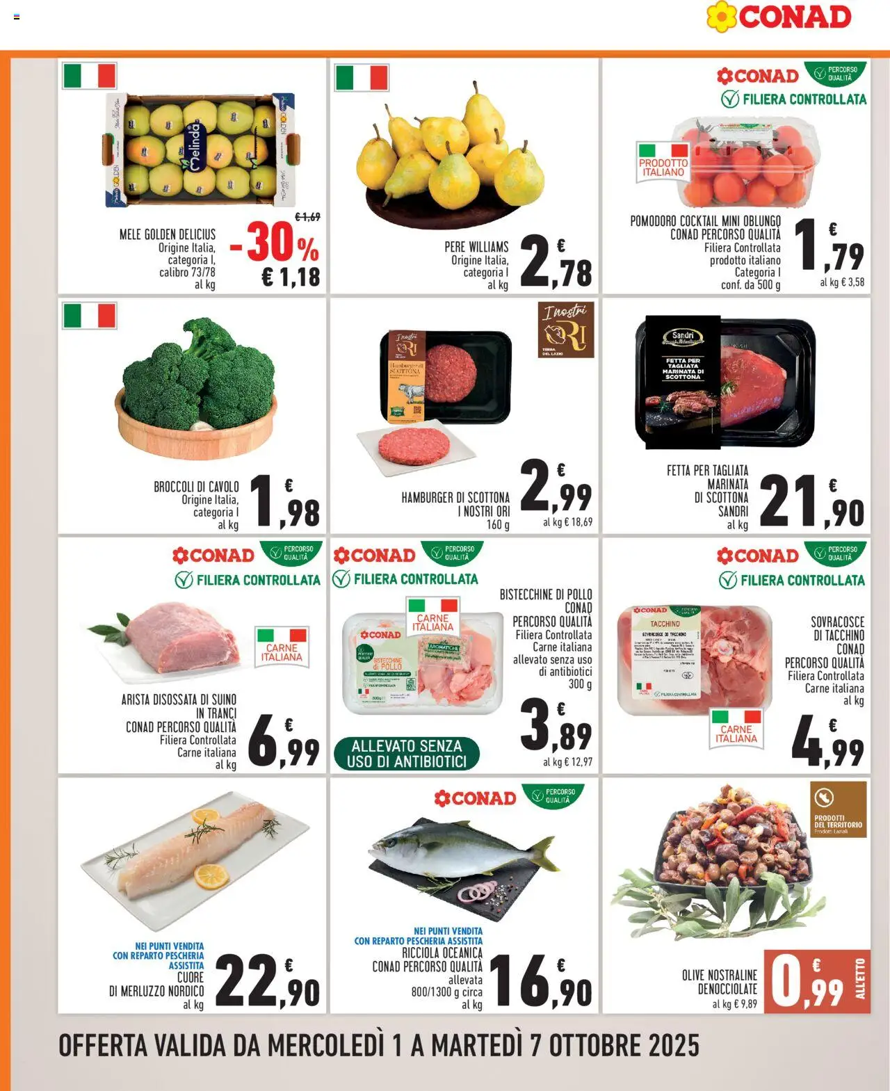 Volantino Conad del 01.10.2025 | Pagina: 2 | Prodotti: Pomodoro, Olive, Broccoli, Hamburger