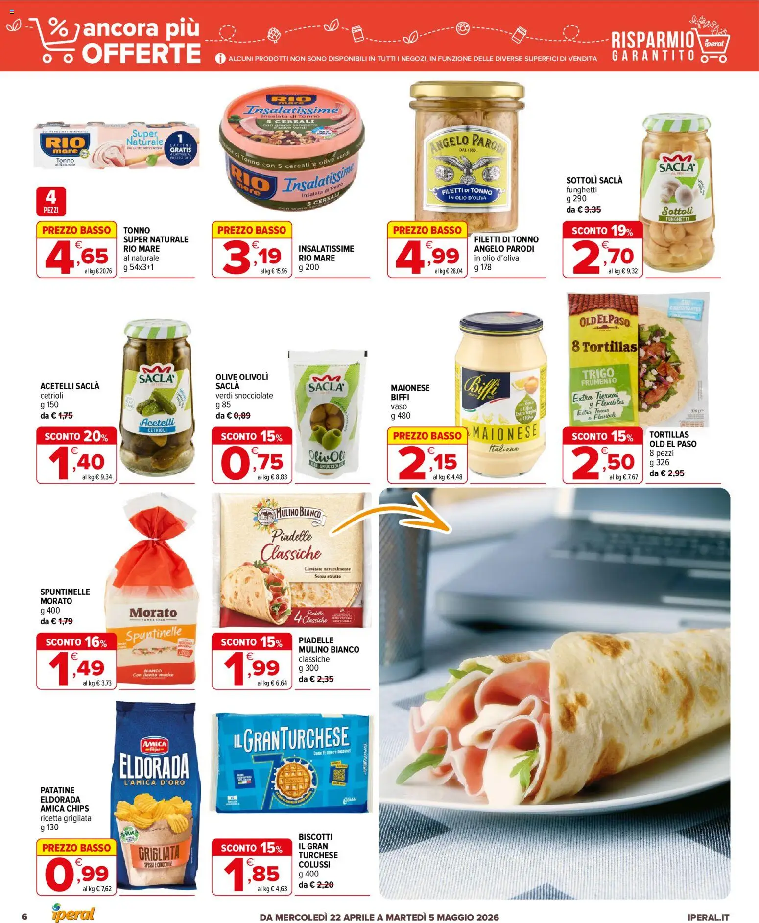 Volantino Iperal del 22.04.2026 | Pagina: 6 | Prodotti: Biscotti, Acqua, Olio, Tortillas