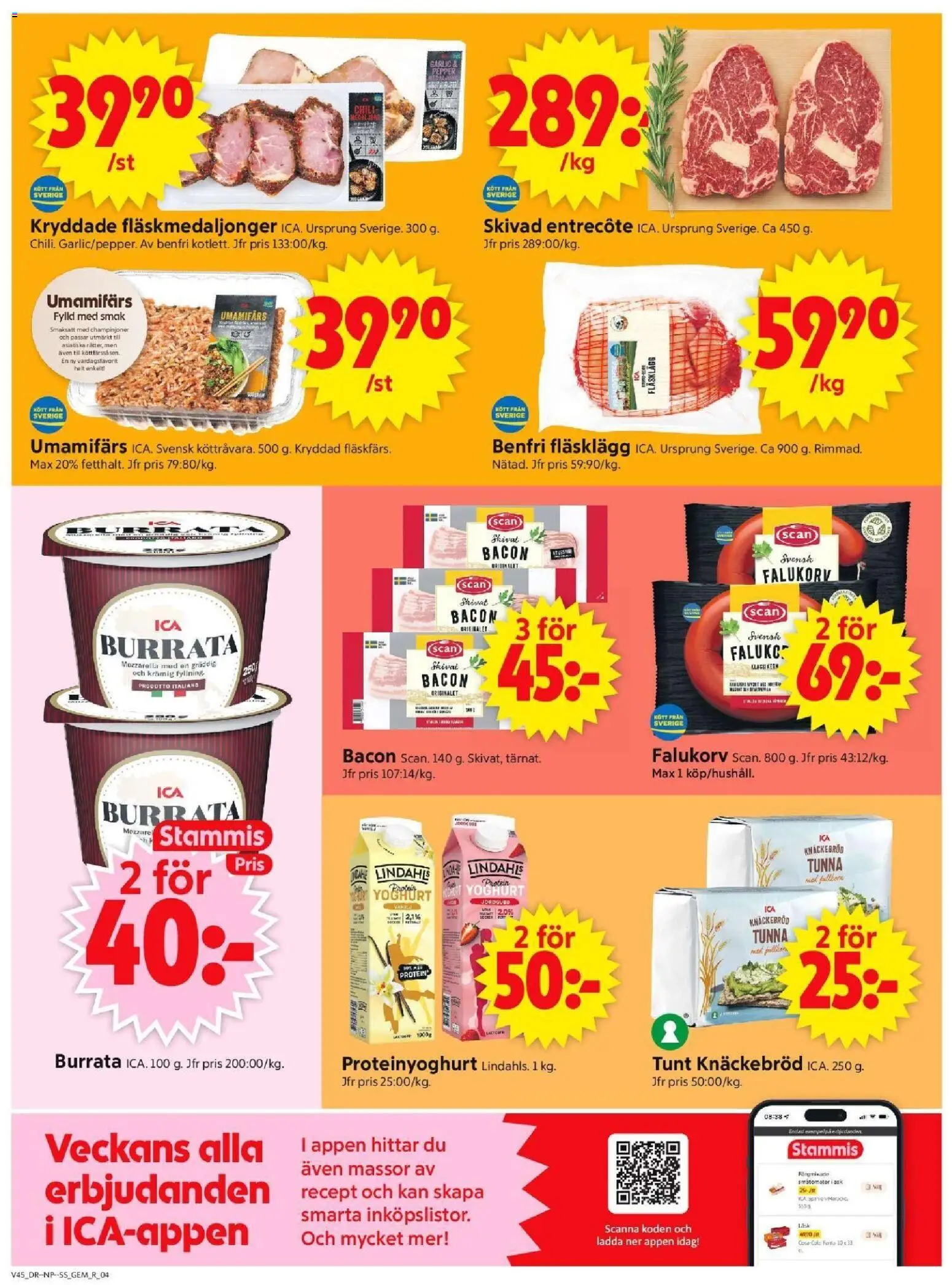 ICA Supermarket reklamblad aktuell från 03.11.2025 | Sida: 4 | Produkter: Entrecote, Falukorv, Yoghurt, Champinjoner