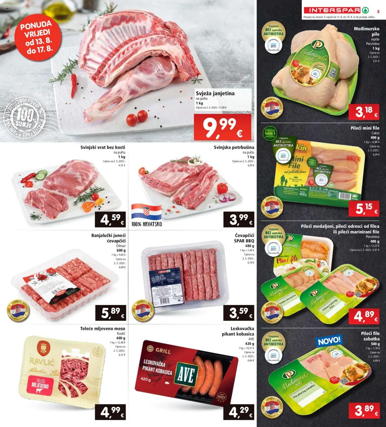 Interspar katalog | vrijedi od 13.08.2025 | Stranica: 5 | Proizvodi: Svinjski vrat, Piletina, Mljeveno meso, Ćevapčići
