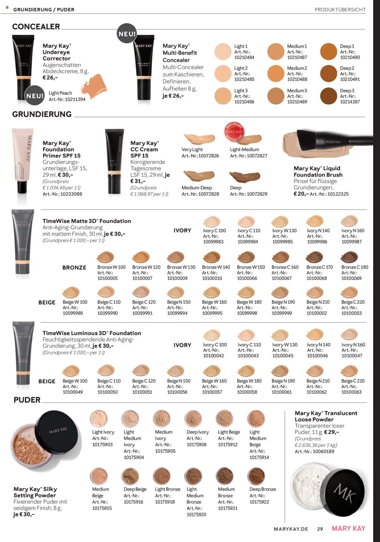Mary Kay Katalog – gültig ab 15.10.2025 | Seite: 29 | Produkte: Concealer, Puder, CC Cream, Tagescreme