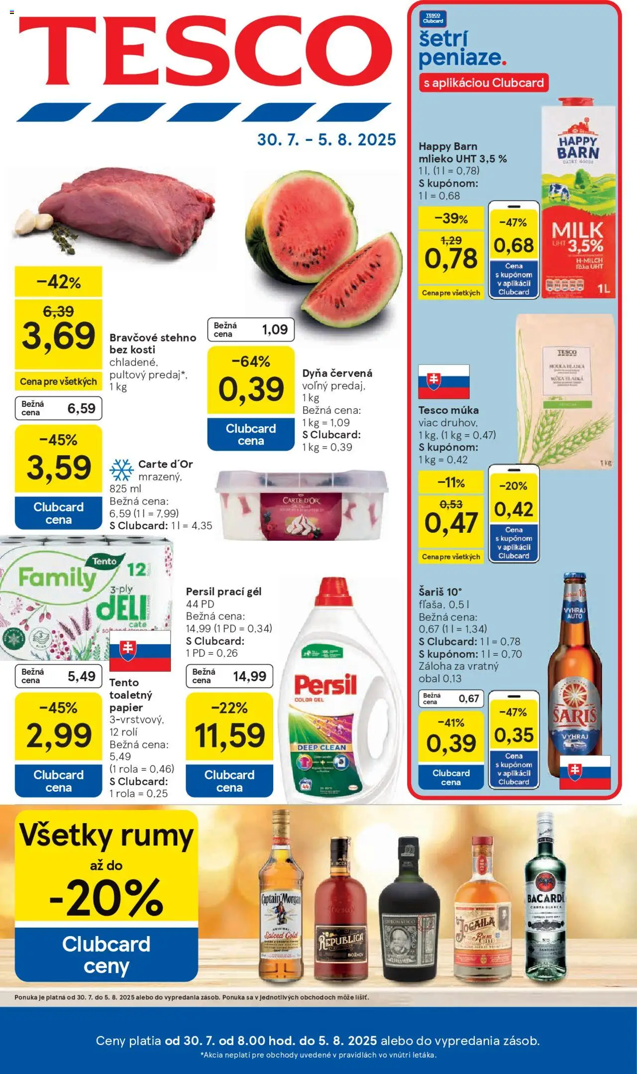 Tesco Hypermarket - leták │ platný od 30.07.2025 | Strana: 1 | Produkty: Mlieko, Bravčové stehno, Šariš, Múka
