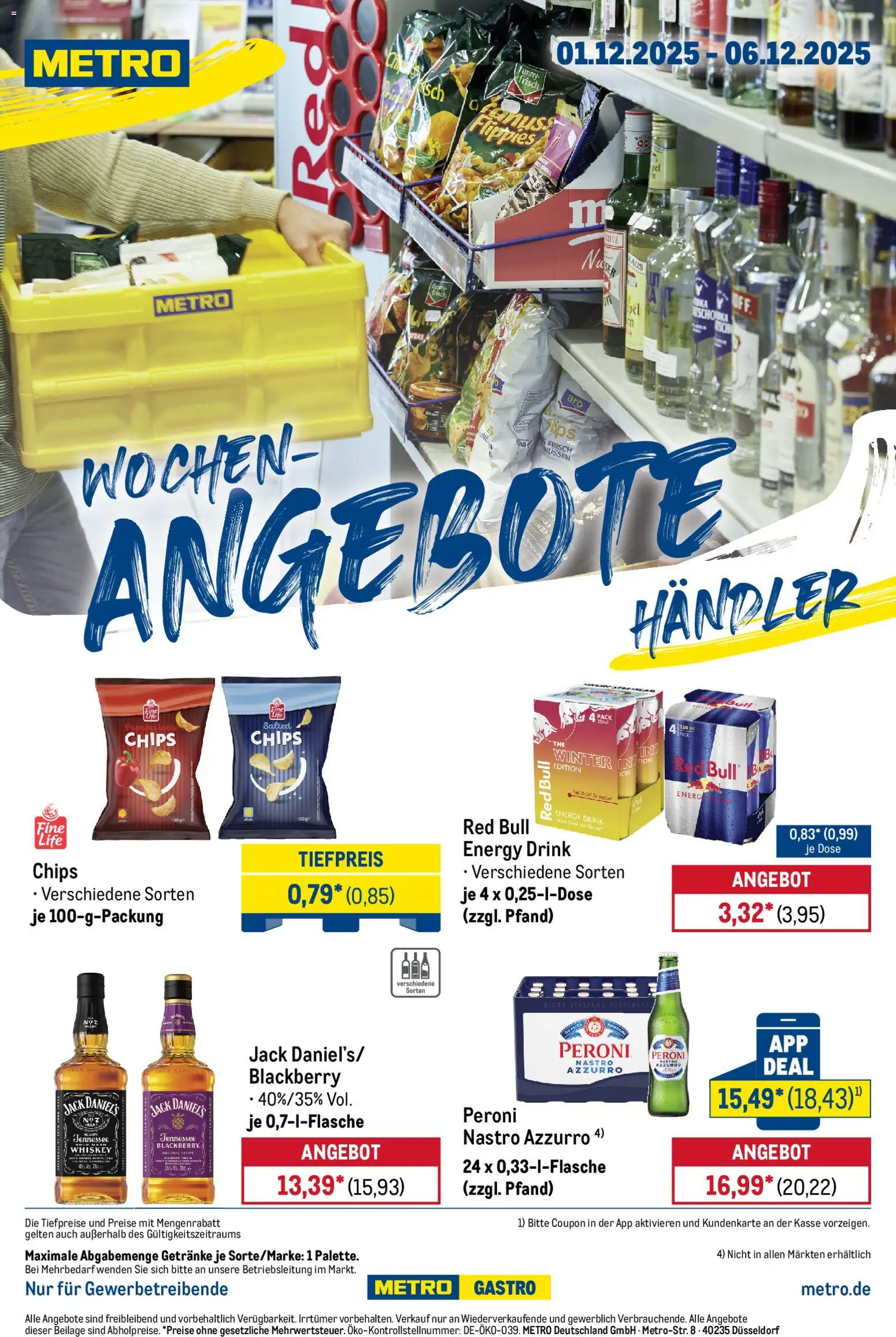 Metro - Wochen-Angebote Händler – gültig ab 01.12.2025 | Seite: 1 | Produkte: Energy, Jack Daniel's, Chips, Whiskey
