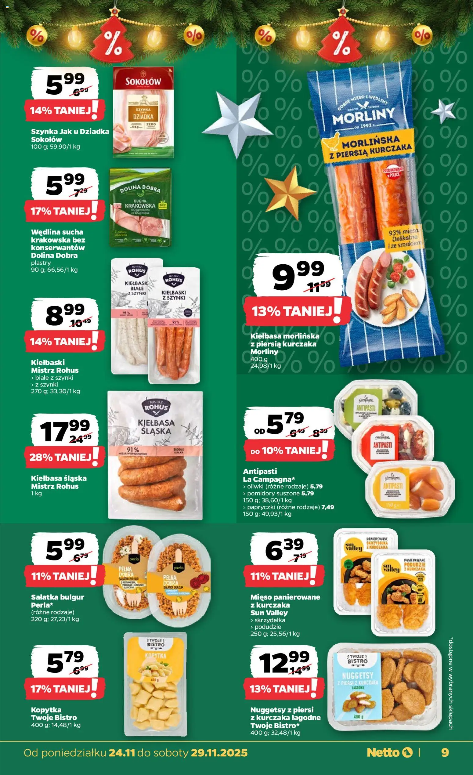 Netto gazetka od 24.11.2025 | Strona: 9 | Produkty: Piersi, Kiełbaski, Kiełbasa śląska, Pomidory