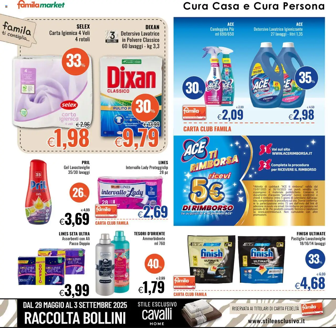 Volantino Famila del 31.07.2025 | Pagina: 18 | Prodotti: Carta igienica, Candeggina, Lavatrice, Lavastoviglie