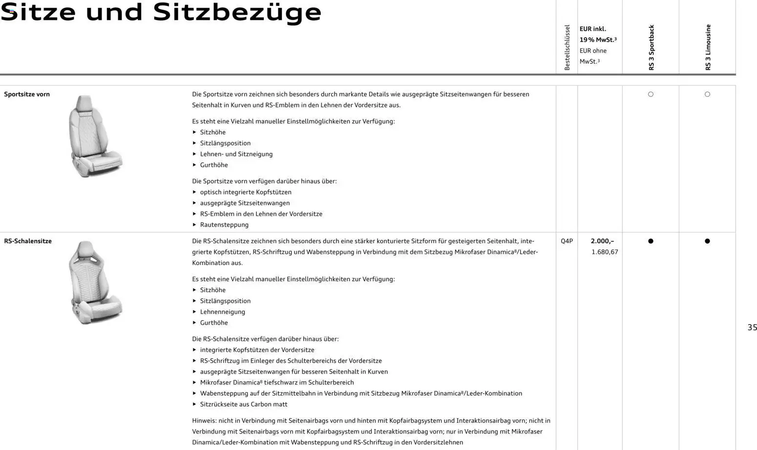 Audi RS 3 Sportback / RS 3 Limousine – gültig ab 25.10.2025 | Seite: 35