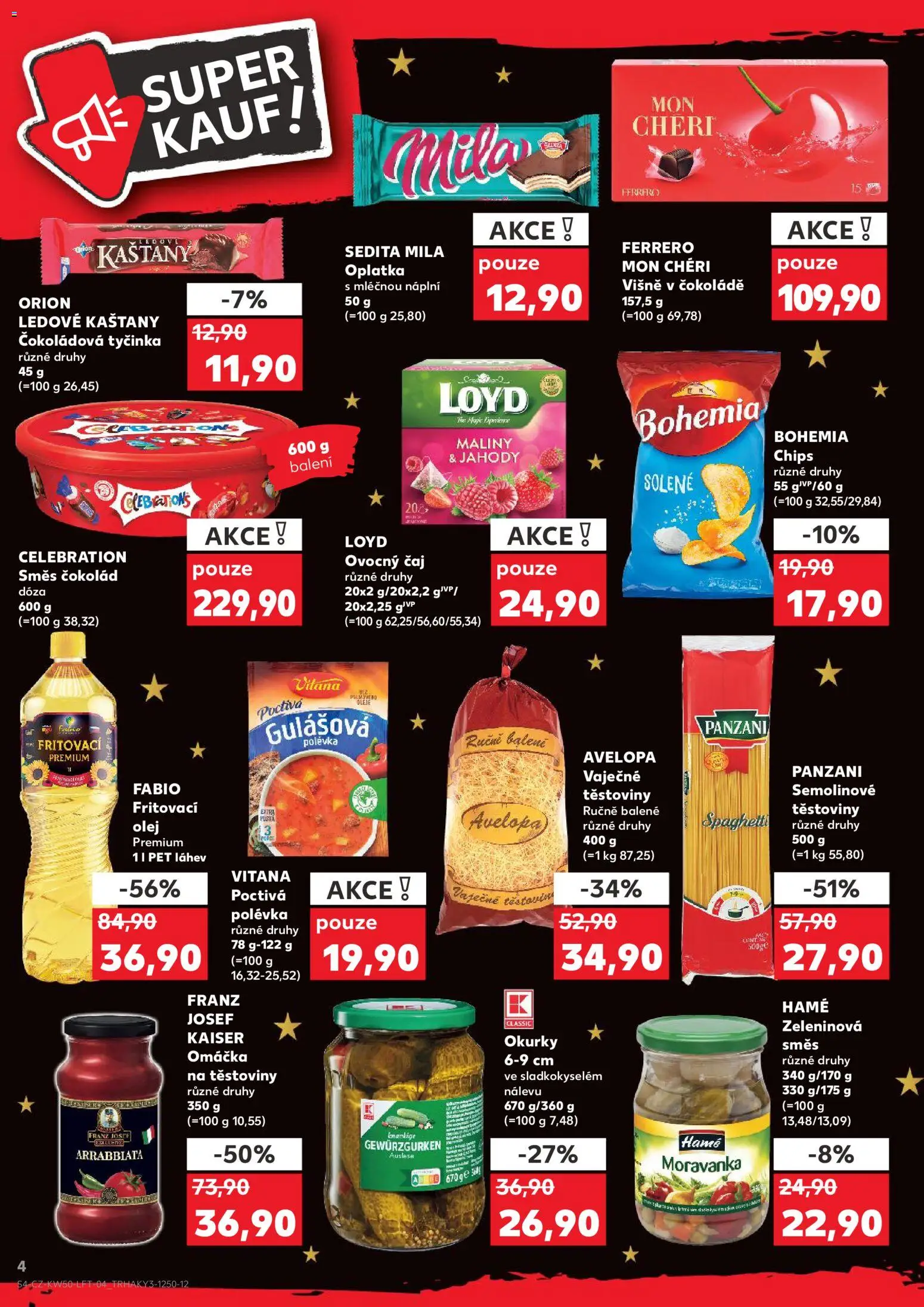 Kaufland leták - Plzeň od 10.12.2025 | Strana: 4 | Produkty: Mon Chéri, Těstoviny, Těstoviny Panzani, Bohemia chips