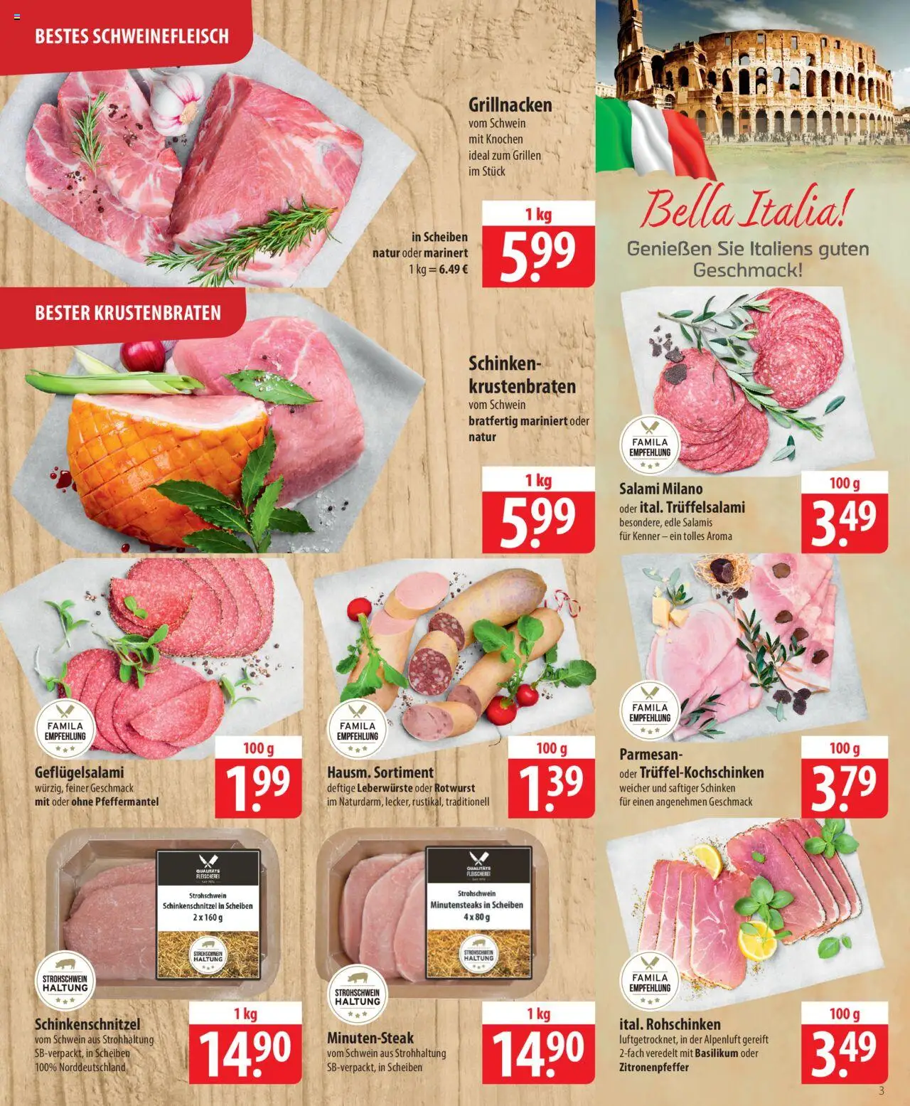 Famila Prospekt 	 – gültig ab 22.09.2025 | Seite: 3 | Produkte: Krustenbraten, Salami, Schinken, Schweinefleisch