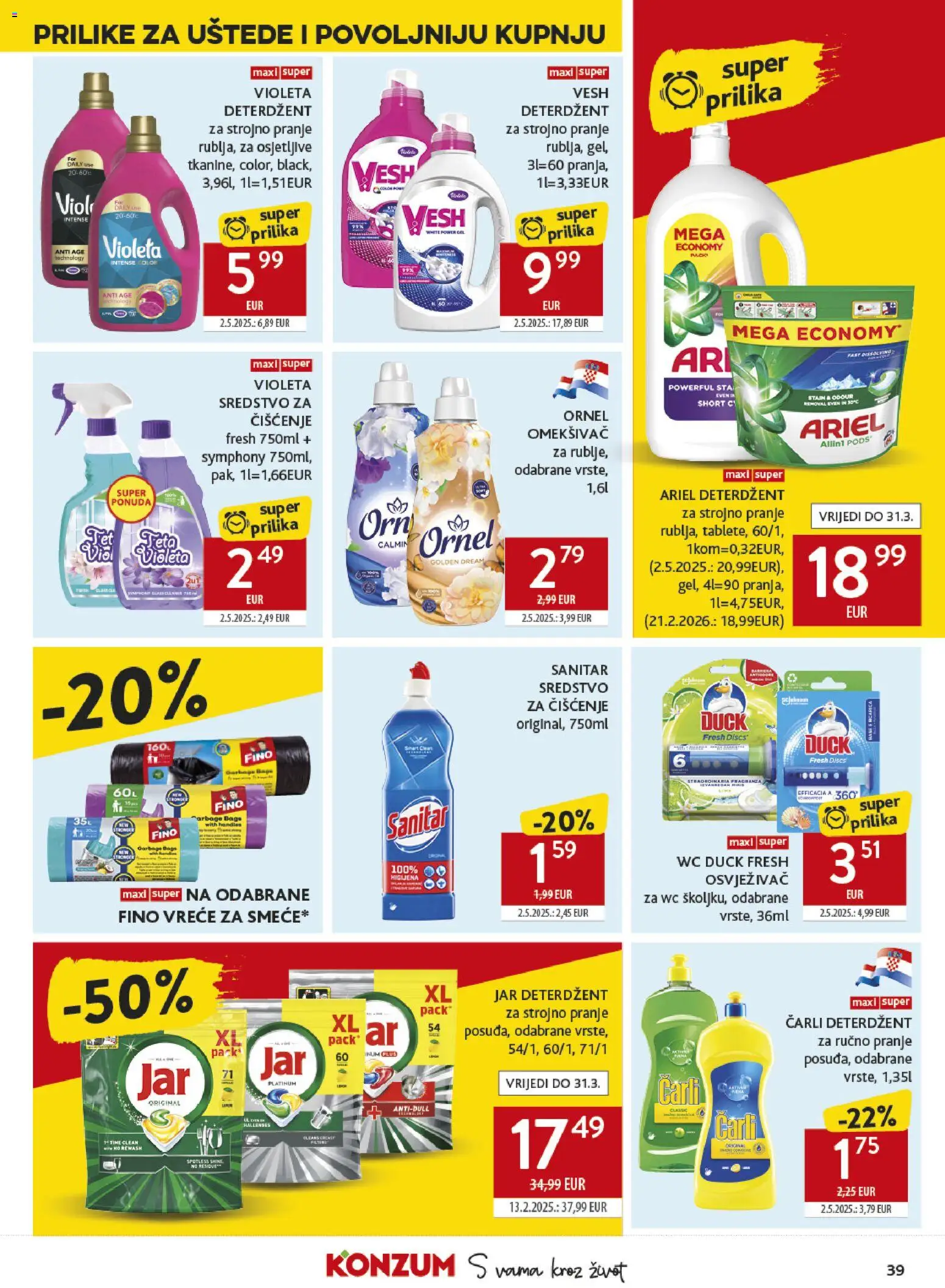 Konzum katalog | vrijedi od 11.03.2026 | Stranica: 39 | Proizvodi: Deterdžent, Vreće za smeće, Jar, Ariel