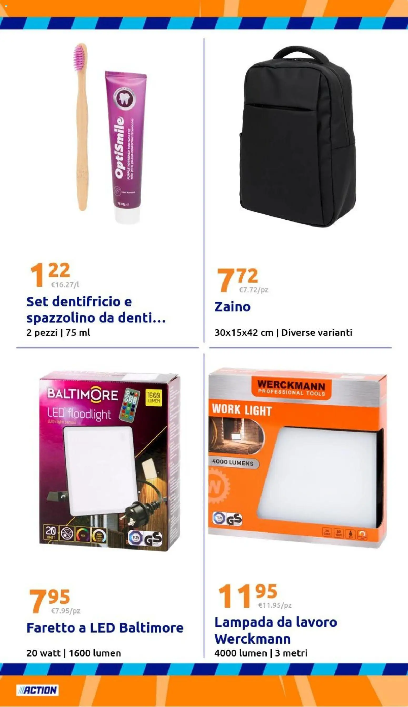 Volantino Action del 21.01.2026 | Pagina: 29 | Prodotti: Faretto, Dentifricio, Zaino, Lampada