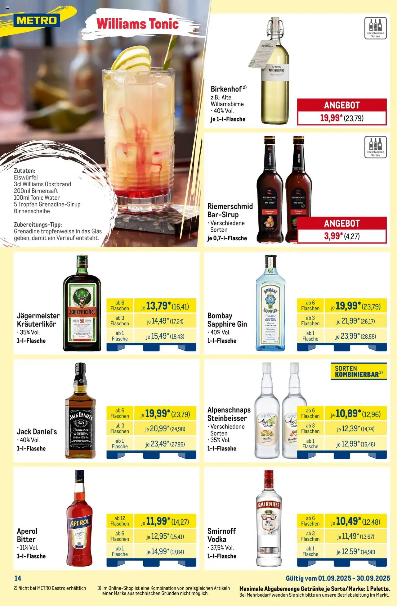 Metro Monats-Menü - gültig ab dem 01.09.2025 | Seite: 14 | Produkte: Jack Daniel's, Smirnoff, Aperol, Vodka