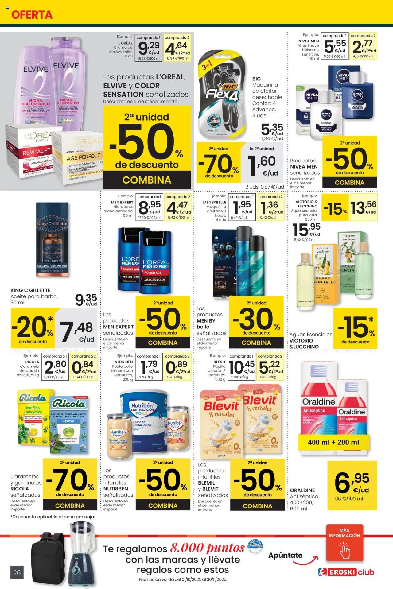 Eroski - Precio más bajo Center │ válido desde el 16.10.2025 | Página: 26 | Productos: Leche, Aceite, Crema, Crema hidratante