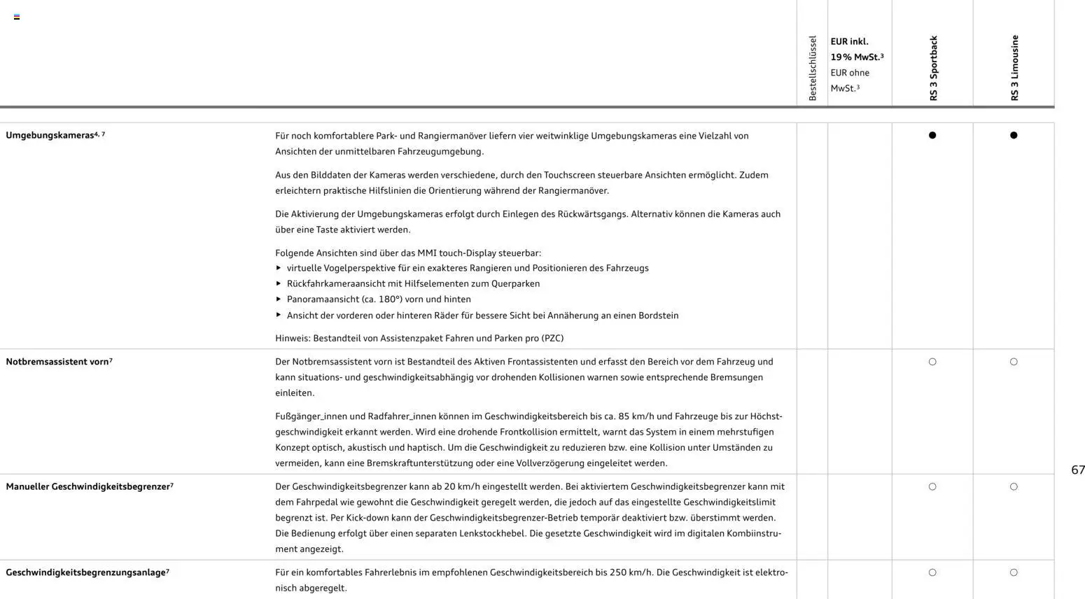 Audi RS 3 Sportback / RS 3 Limousine – gültig ab 28.10.2025 | Seite: 67
