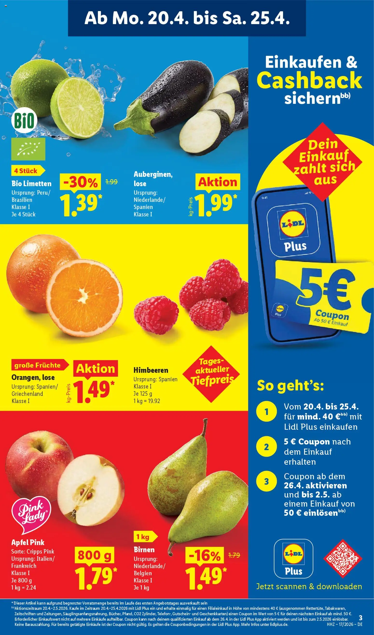 Lidl Prospekt – gültig ab 20.04.2026 | Seite: 5 | Produkte: Himbeeren, Limetten, Äpfel