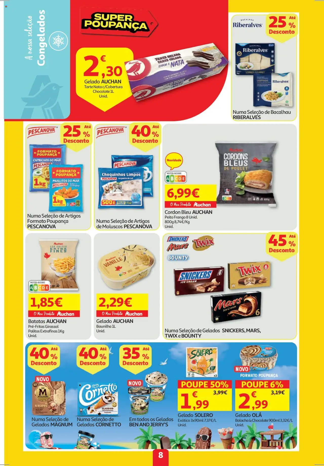 Minipreço folheto │ válido de 21.08.2025 | Página: 8 | Produtos: Bacalhau, Frango, Chocolate, Nata