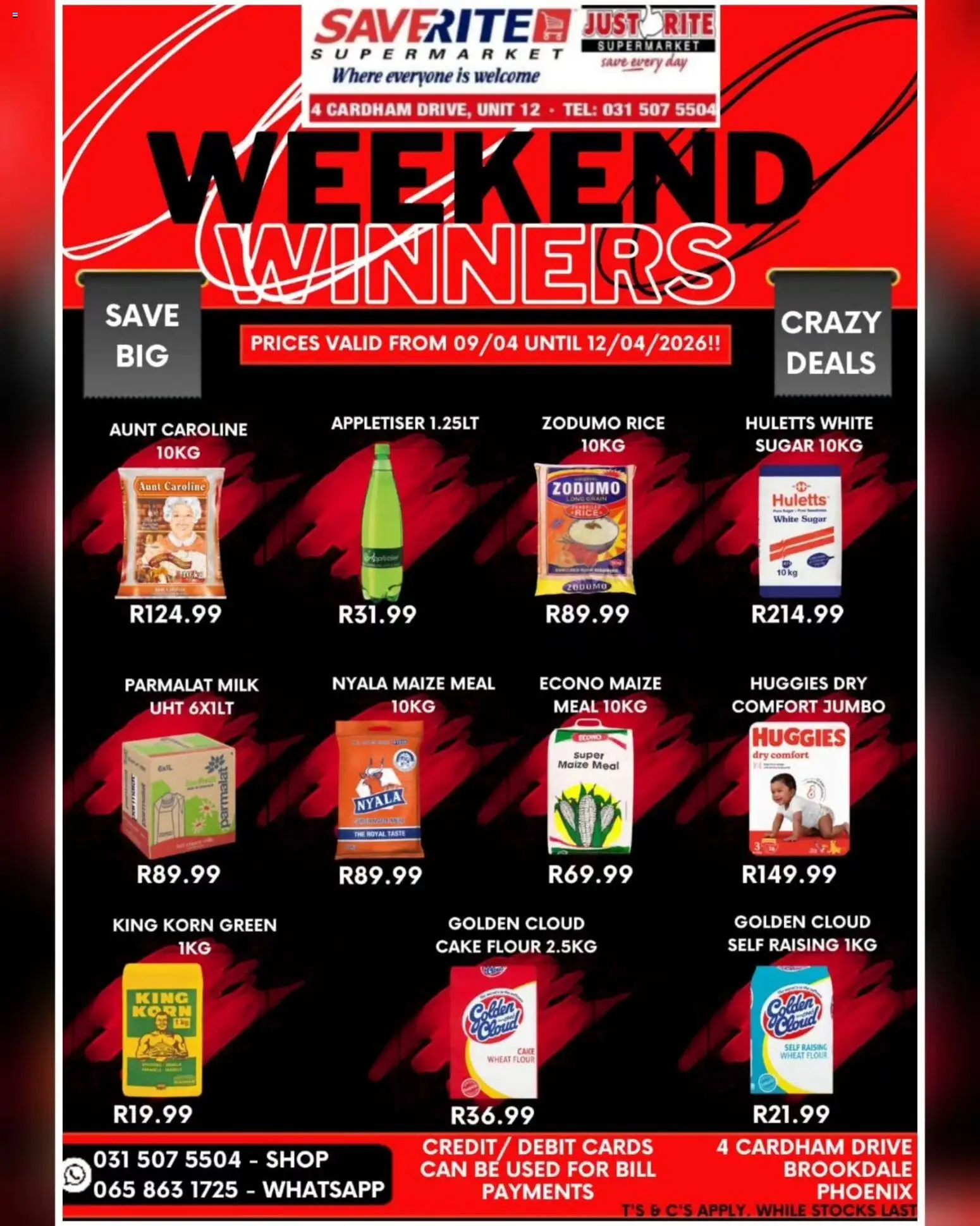 New Saverite catalogue – valid from 09.04.2026 | Page: 1 | Products: Cake, Maize meal, Milk, Rice