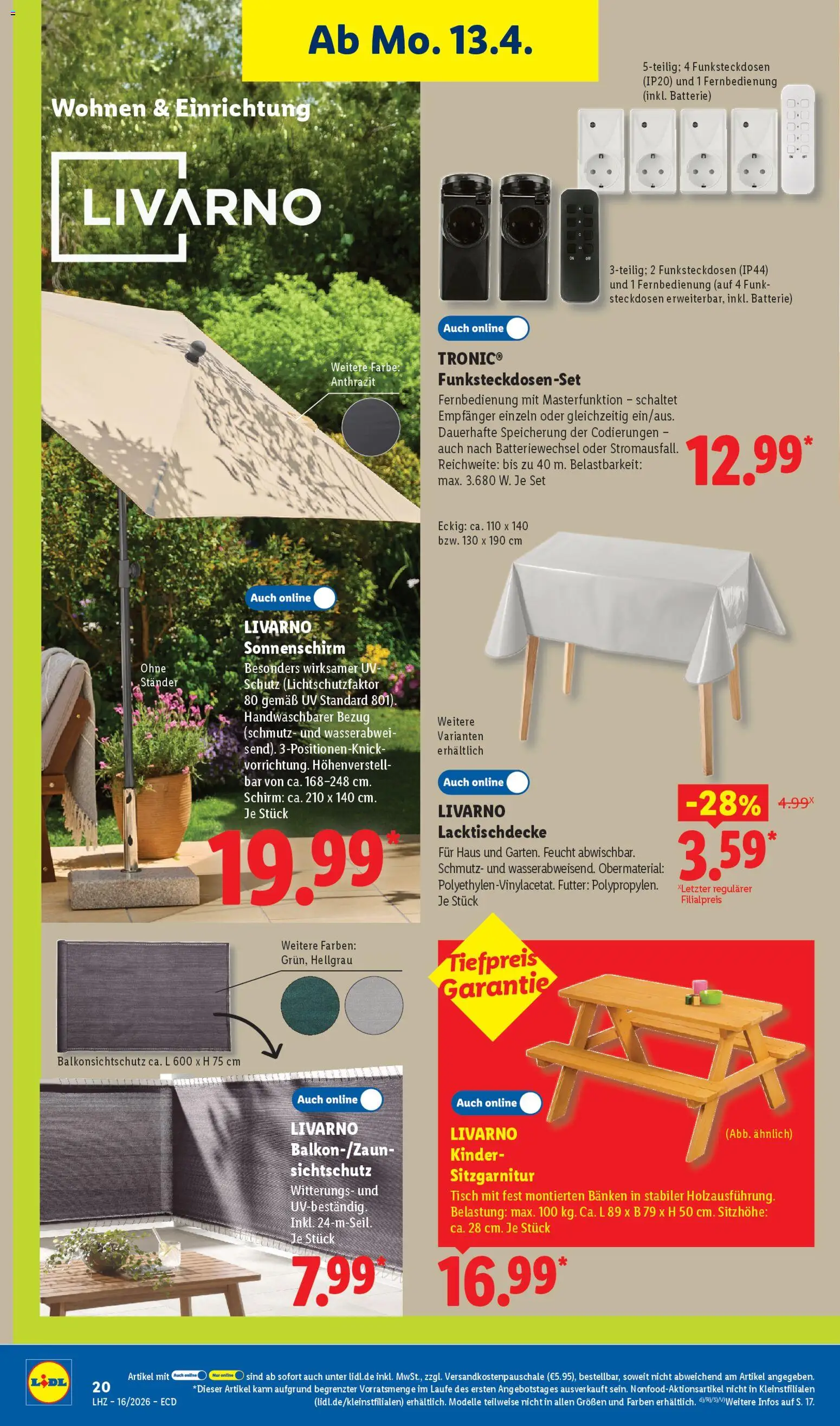Lidl Prospekt – gültig ab 13.04.2026 | Seite: 14 | Produkte: Sitzgarnitur, Tisch, Batterie, Sonnenschirm