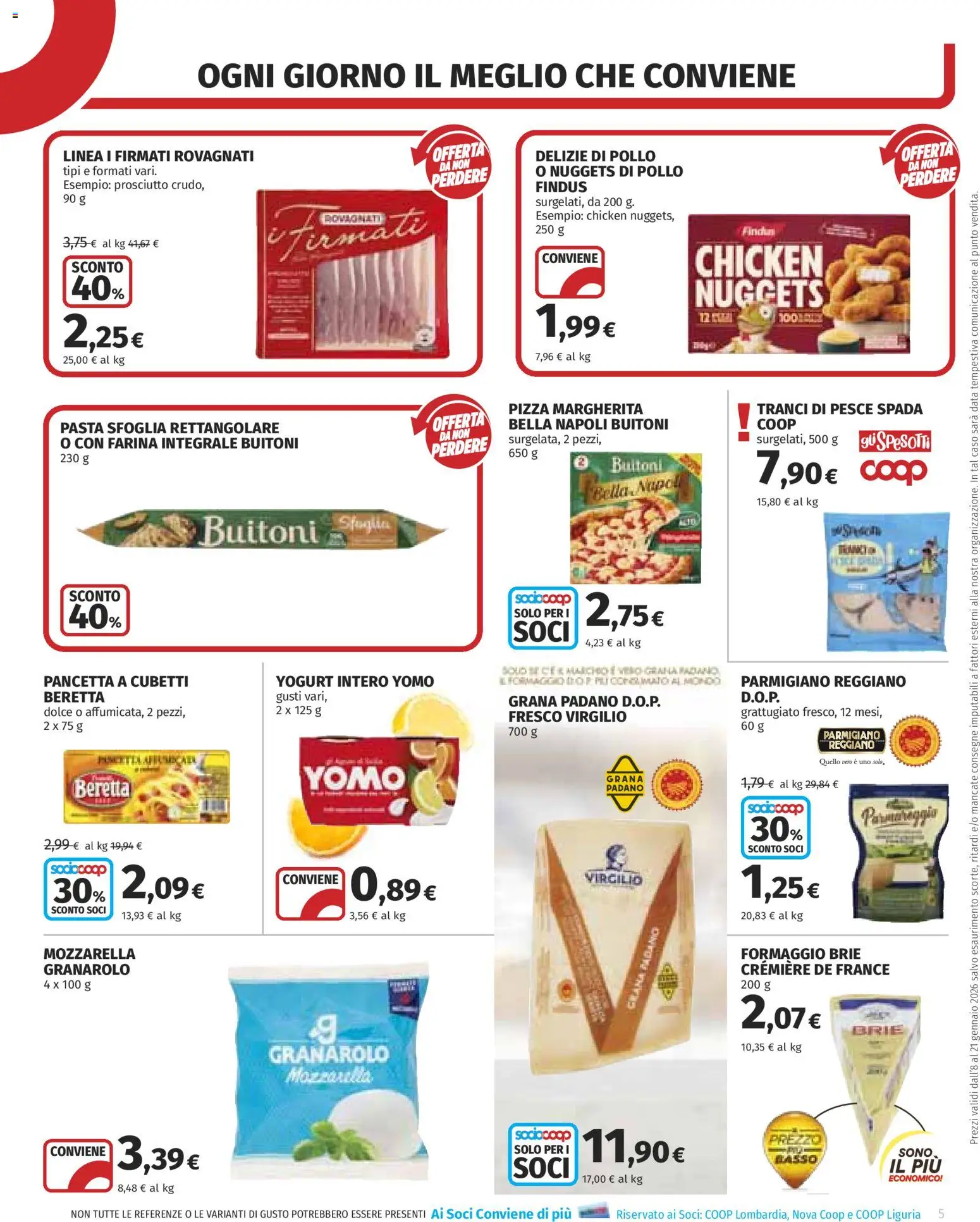 Volantino COOP del 08.01.2026 | Pagina: 5 | Prodotti: Nuggets, Formaggio, Prosciutto, Data