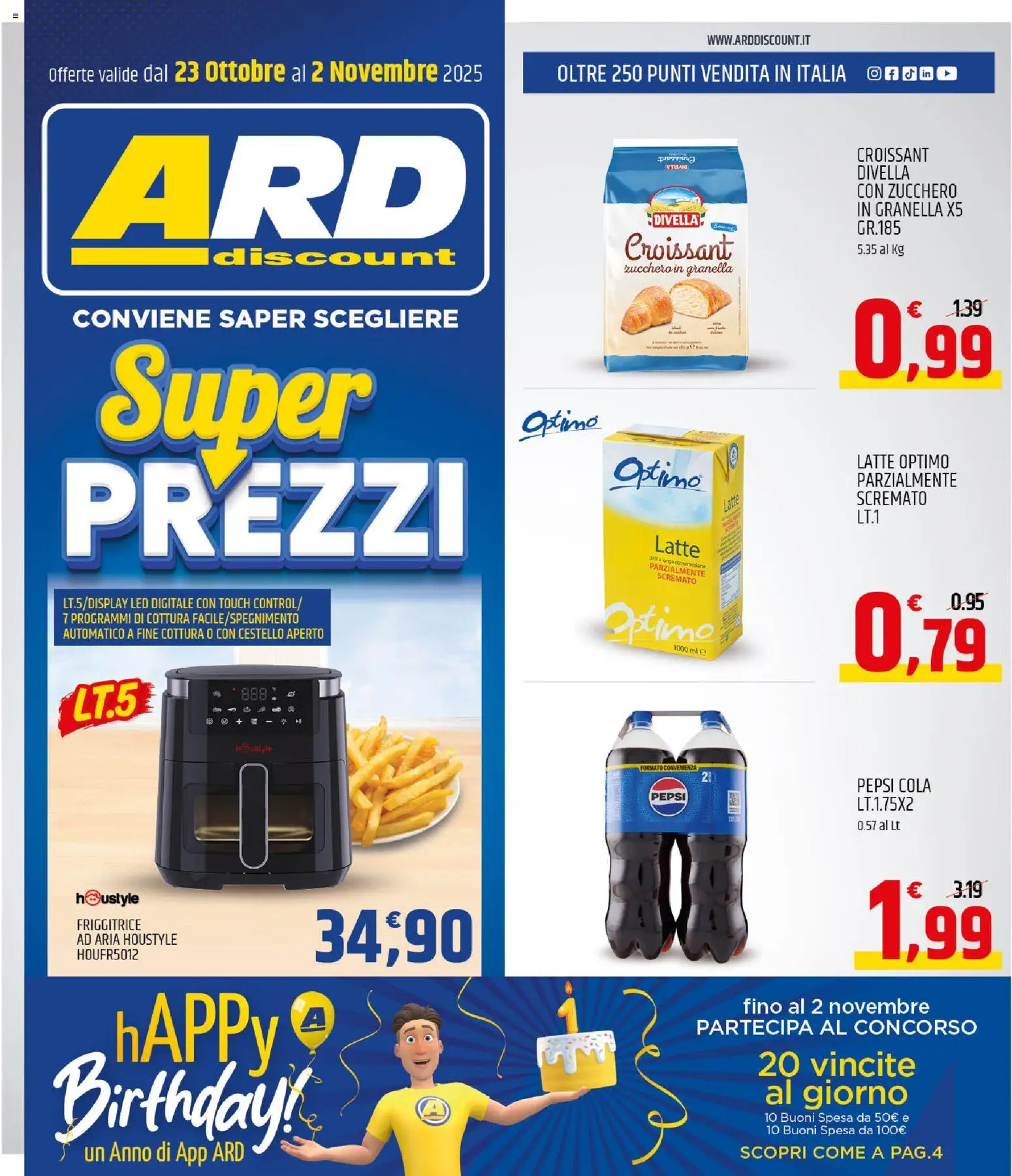 Volantino ARD Discount del 23.10.2025 | Pagina: 1 | Prodotti: Zucchero, Latte, Croissant, Pepsi