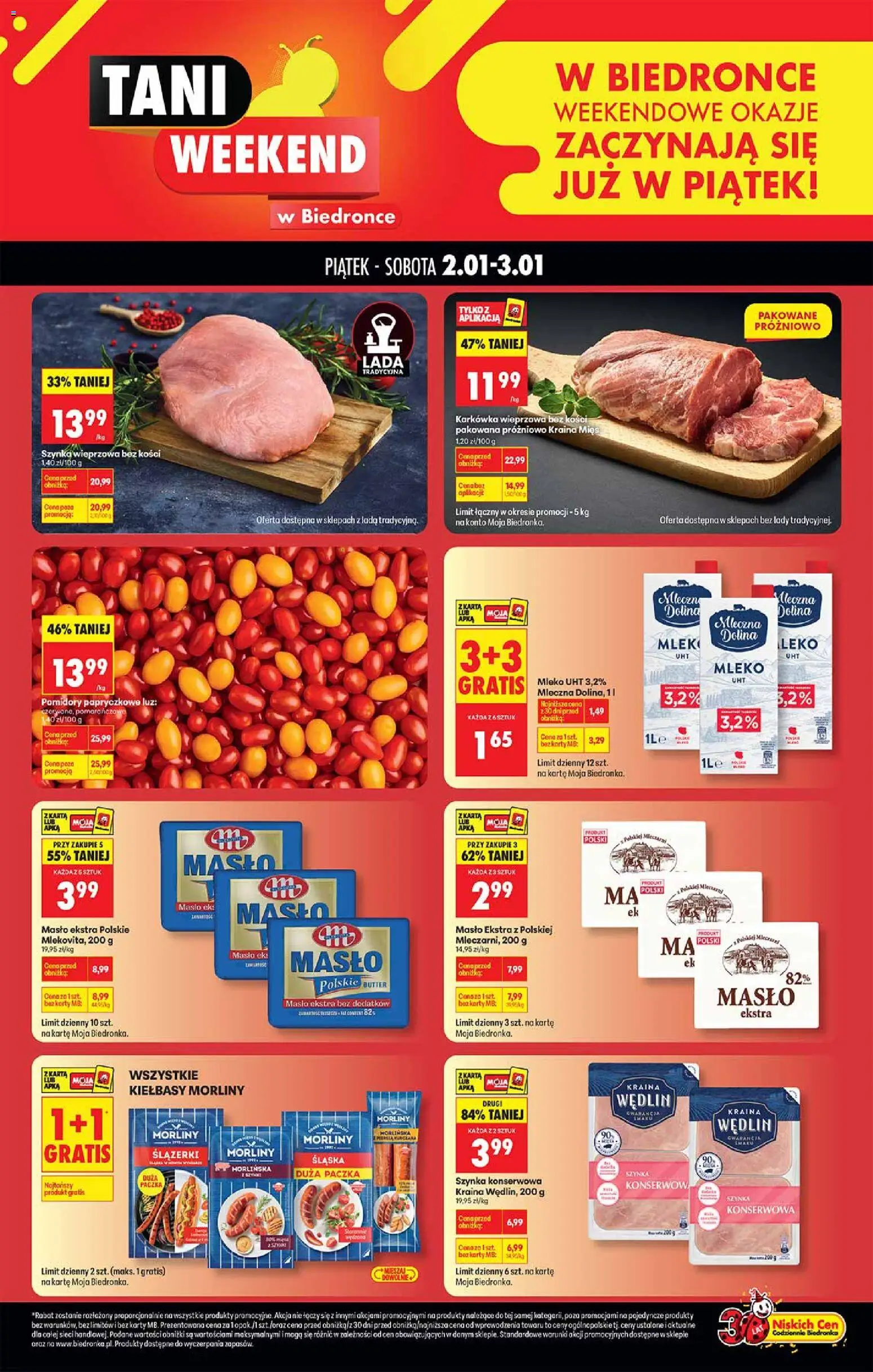Biedronka gazetka - Tani weekend od 02.01.2026 | Strona: 1 | Produkty: Karta, Karkówka, Kiełbasy Morliny, Pomidory papryczkowe