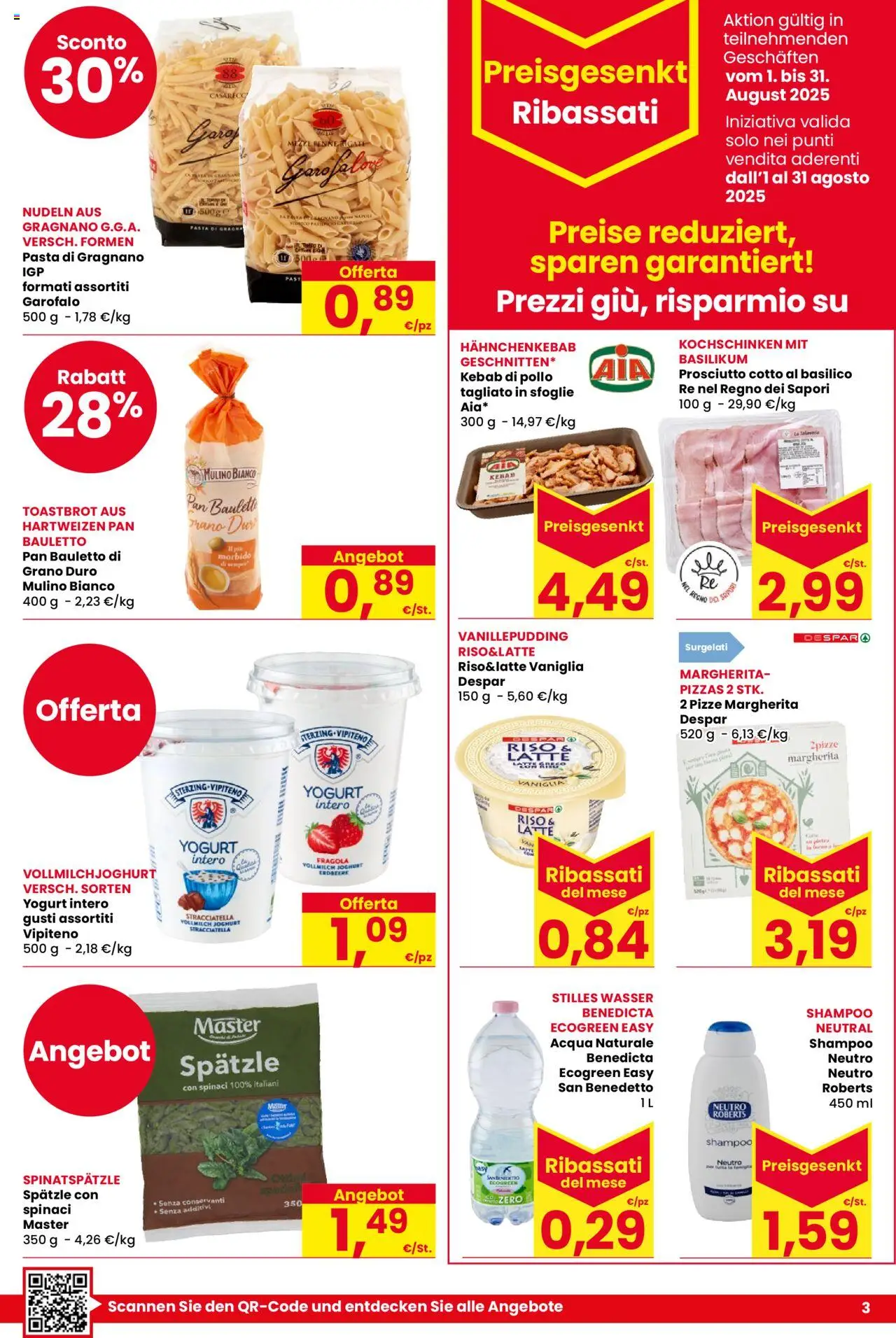 Volantino Despar del 07.08.2025 | Pagina: 3 | Prodotti: Prosciutto Cotto, Pollo, Acqua, Latte