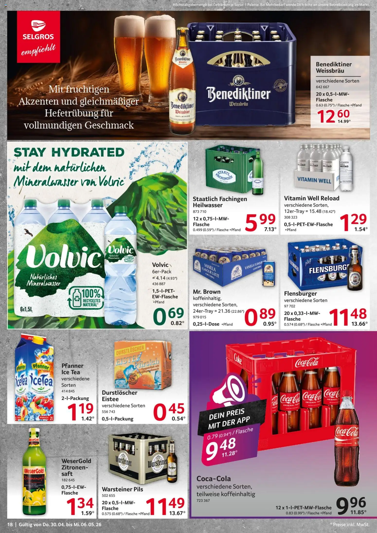 Selgros Prospekt 	 – gültig ab 30.04.2026 | Seite: 18 | Produkte: Pfanner eistee, Warsteiner, Saft, Zitronen