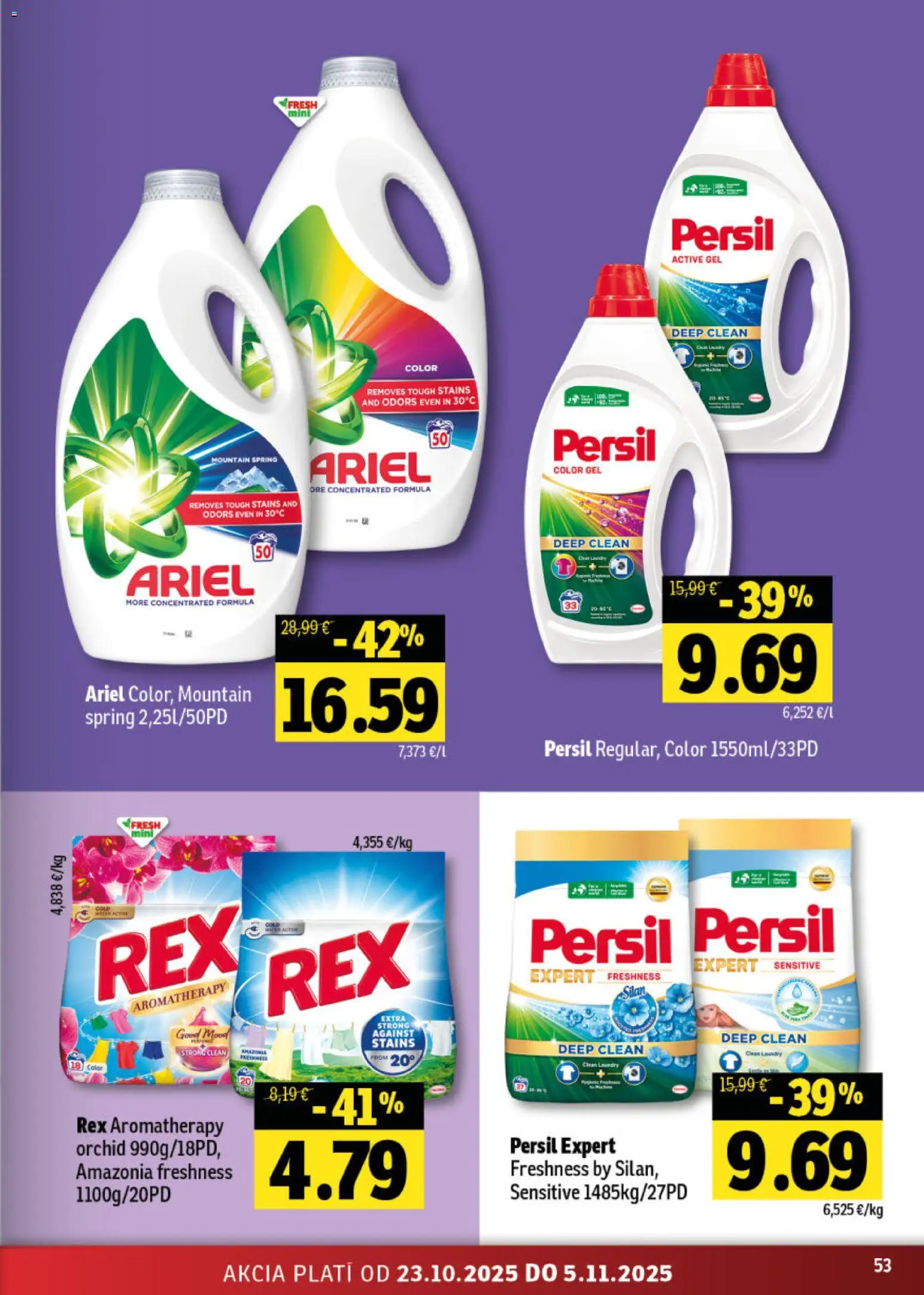 Nové Fresh akcie – leták je platný od 23.10.2025 | Strana: 53 | Produkty: Persil, Silan, Ariel