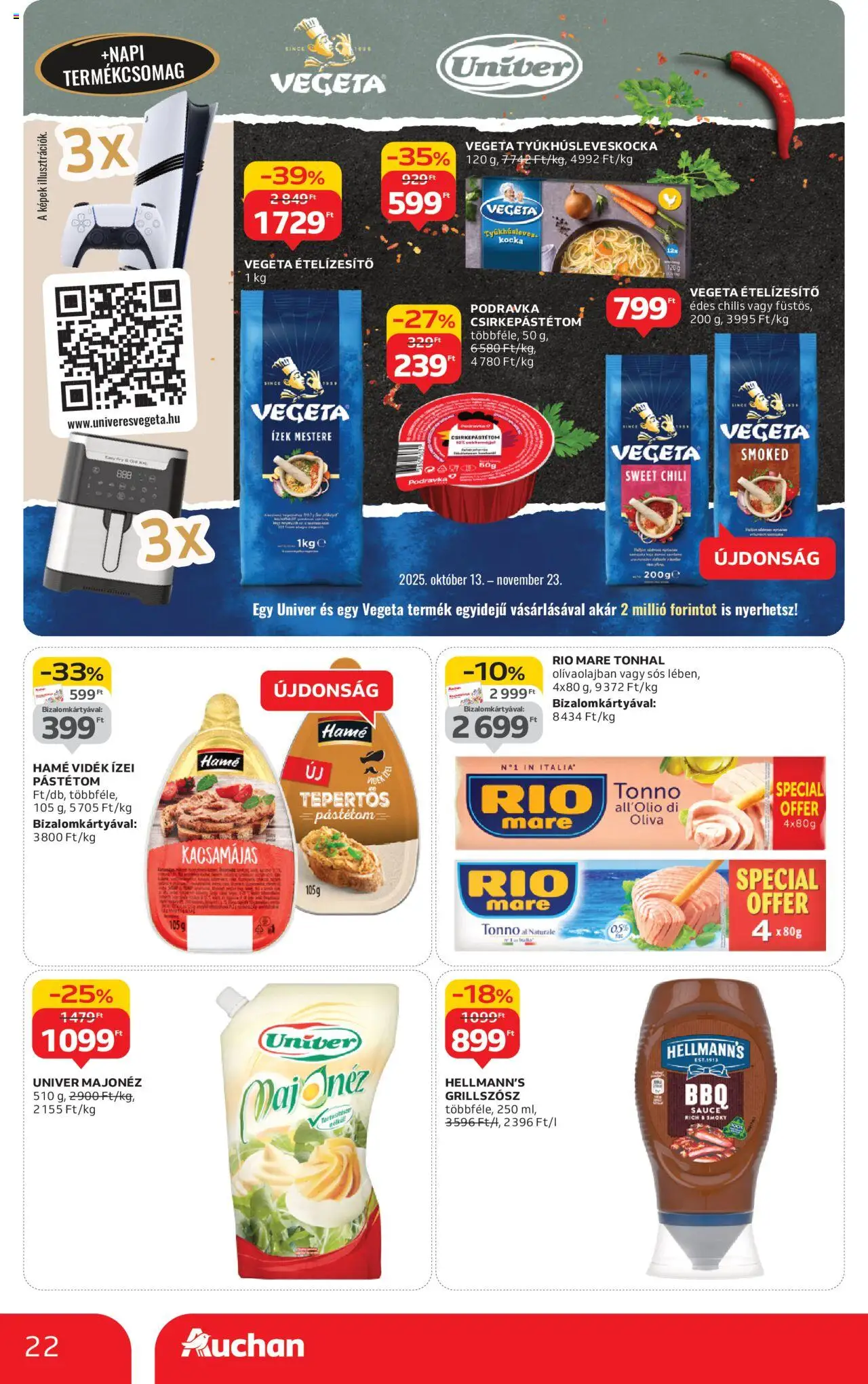 Auchan akciós ujság - amely érvényes a következő dátumtól: 24.10.2025 | Oldal: 22 | Termékek: Vegeta, Tonhal, Pástétom, Majonéz