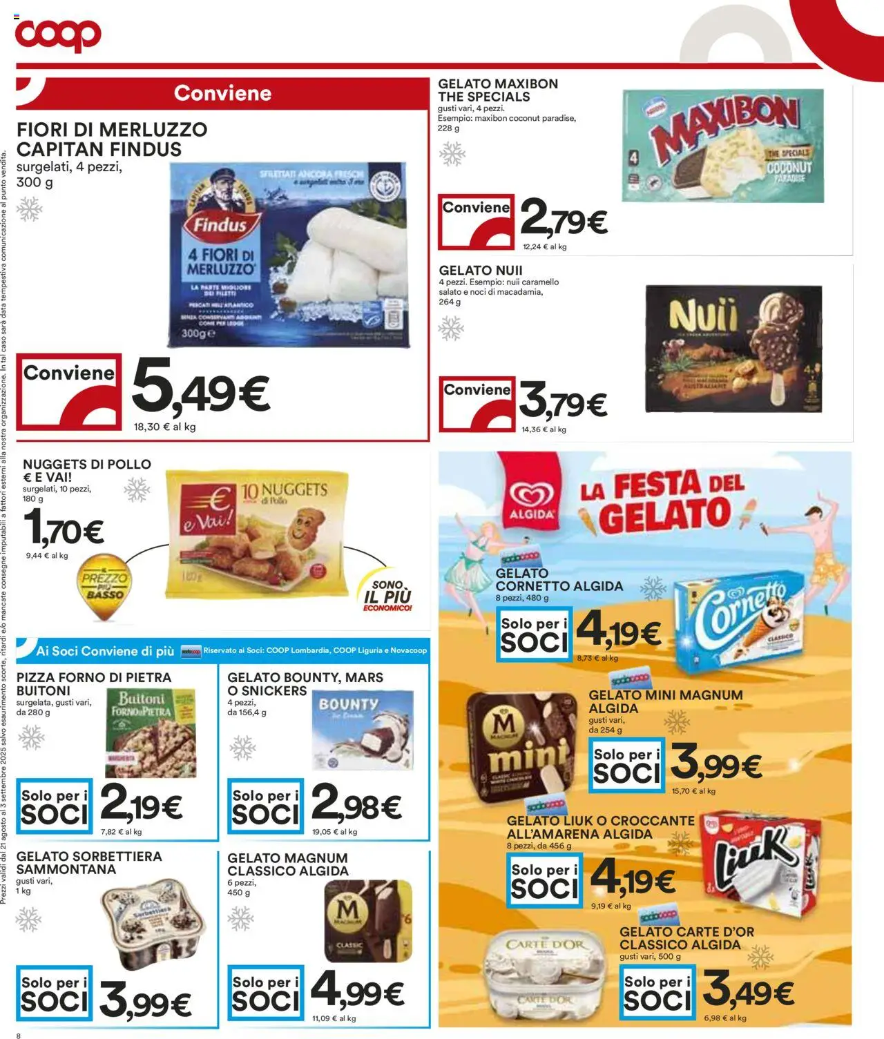 Volantino COOP del 21.08.2025 | Pagina: 8 | Prodotti: Pizza, Nuggets, Noci, Forno