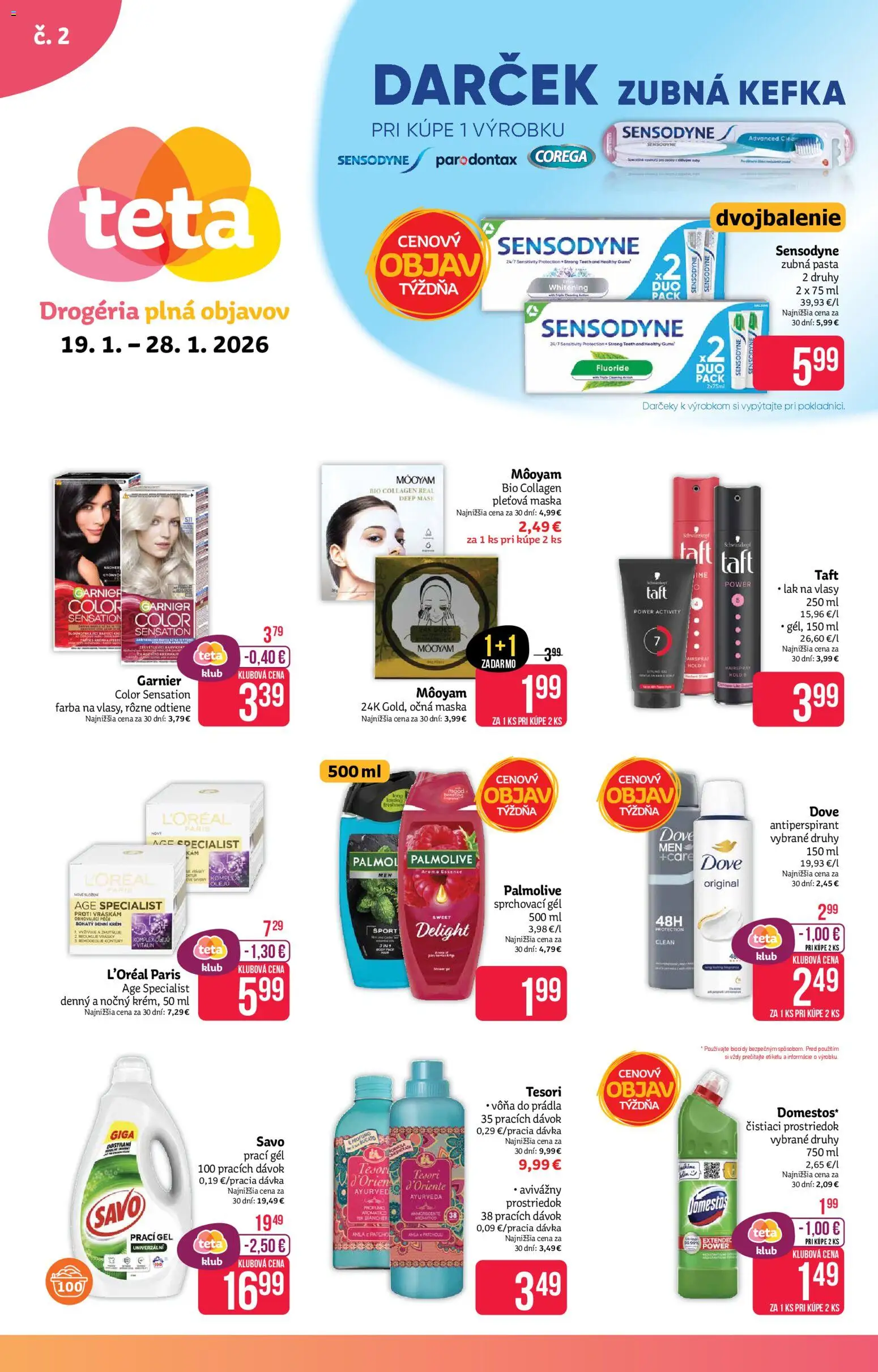 Nové Teta drogerie akcie – leták je platný od 19.01.2026 | Strana: 1 | Produkty: Zubná kefka, Čistiaci prostriedok, Domestos