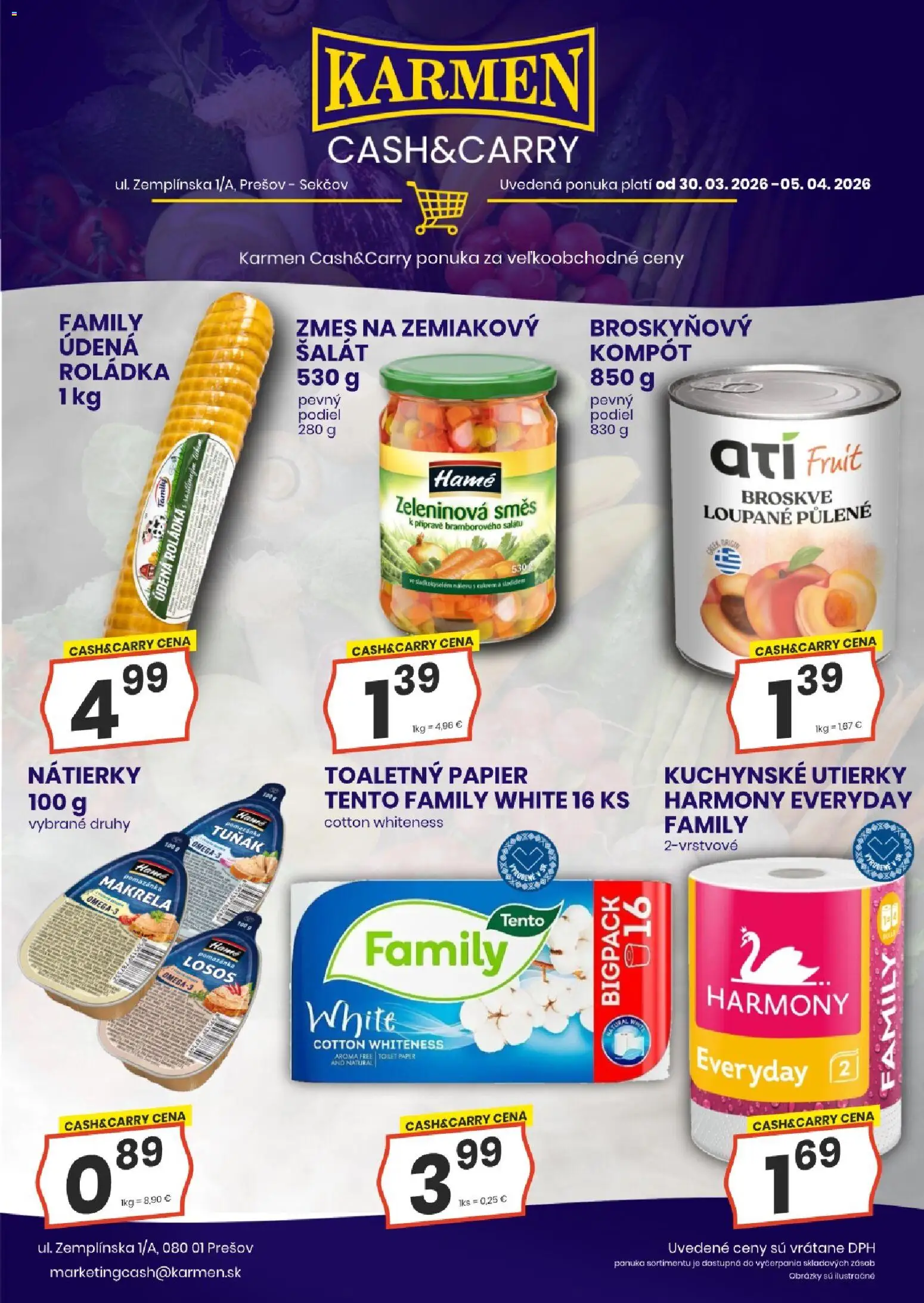 Nové KARMEN CBA akcie – leták je platný od 30.03.2026 | Strana: 2 | Produkty: Toaletný papier, Losos, Šalát