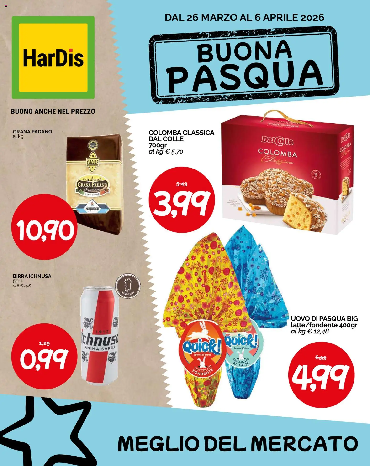 Volantino HarDis del 26.03.2026 | Pagina: 1 | Prodotti: Cioccolato, Birra, Grana Padano, Uovo di pasqua