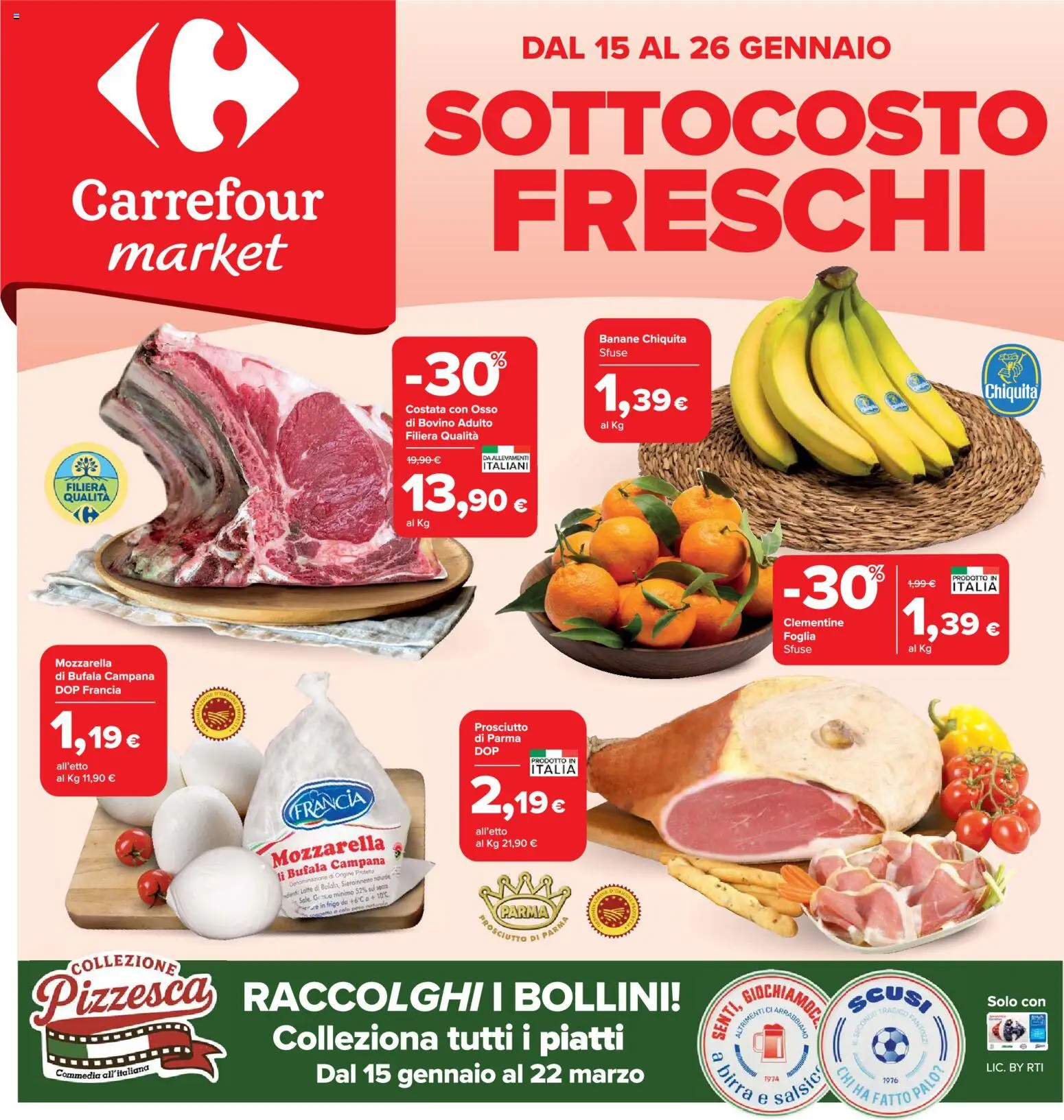 Volantino Carrefour del 15.01.2026 | Pagina: 1 | Prodotti: Birra, Banane, Mozzarella, Prosciutto