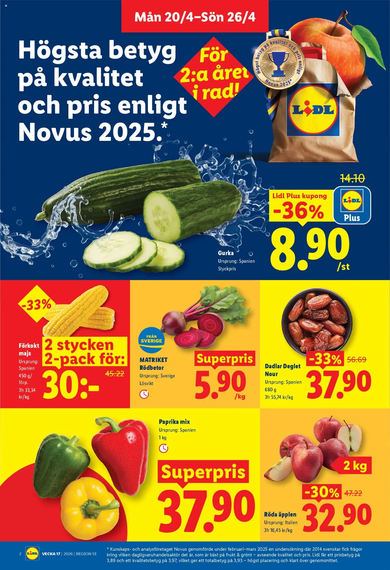 Lidl reklamblad aktuell från 20.04.2026 | Sida: 2 | Produkter: Äpplen, Gurka, Majs