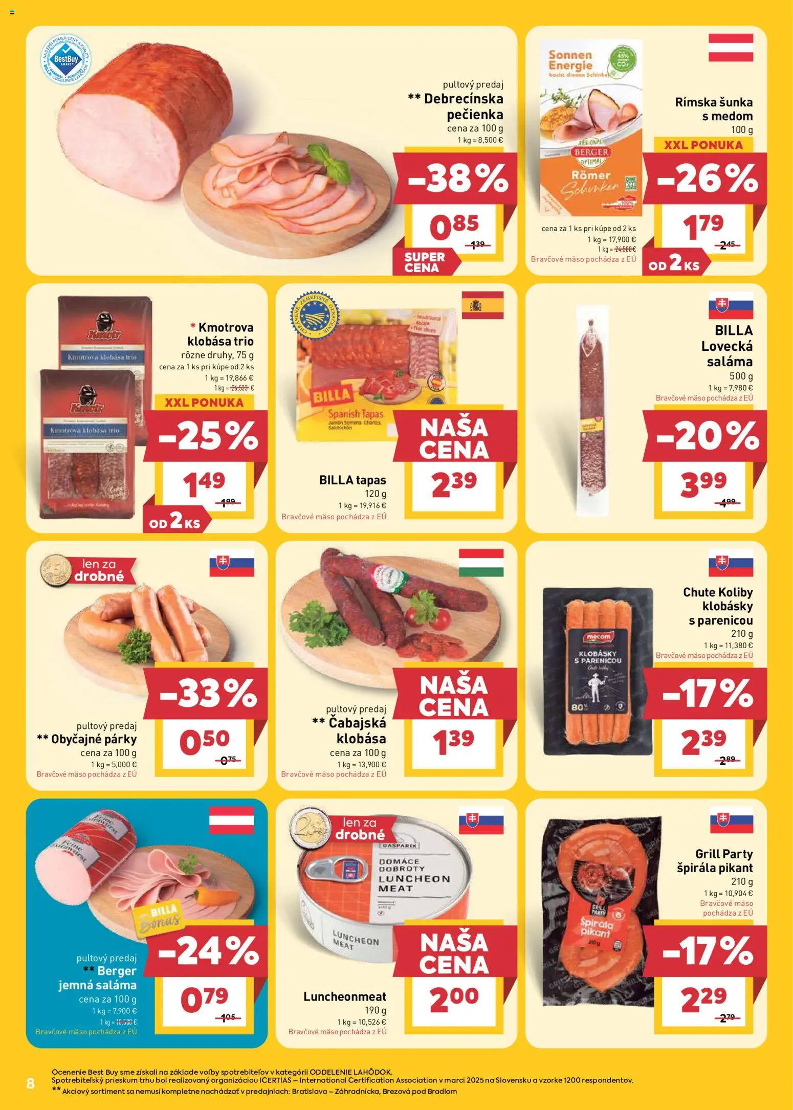 Nové Billa akcie – leták je platný od 15.04.2026 | Strana: 8 | Produkty: Saláma, Šunka, Klobása, Párky